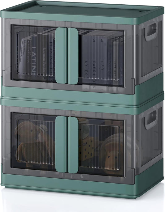 8.4Gal Collapsible Storage Bins with Lids & Wheels - 2 Pack Stackable with Doors, Heavy-Duty Plastic Containers for Home/Office, Green