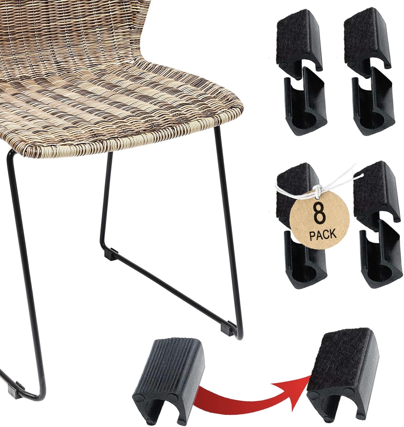 Rectangle U Shaped Chair Leg Tips Caps with Felt Pads,Furniture Feet Protector Slide Smoothly Glides No Scratches No Noise Protect Hardwood Floor,Fit 10mm(25/64inch) Diameter Tubular Leg (Black 8PCS)