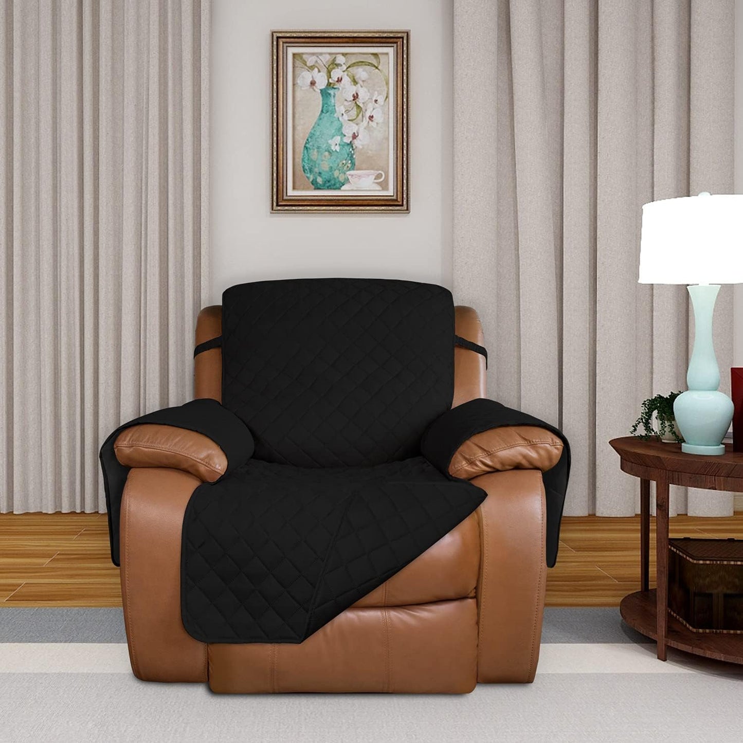 PureFit Reversible Quilted Oversized Recliner Sofa Cover, Water Resistant Furniture Protector, Washable Couch Cover with Elastic Straps for Kids, Pets (Large, Black/Black)