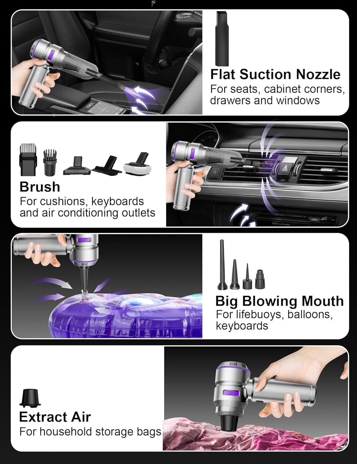 Handheld Car Vacuum Portable Cordless, 15000Pa High Power Handheld Vacuum with Brushless Motor, 4 in 1 Vacuum Cleaner Air Duster for Car Home Office Pet Hair Keyboard