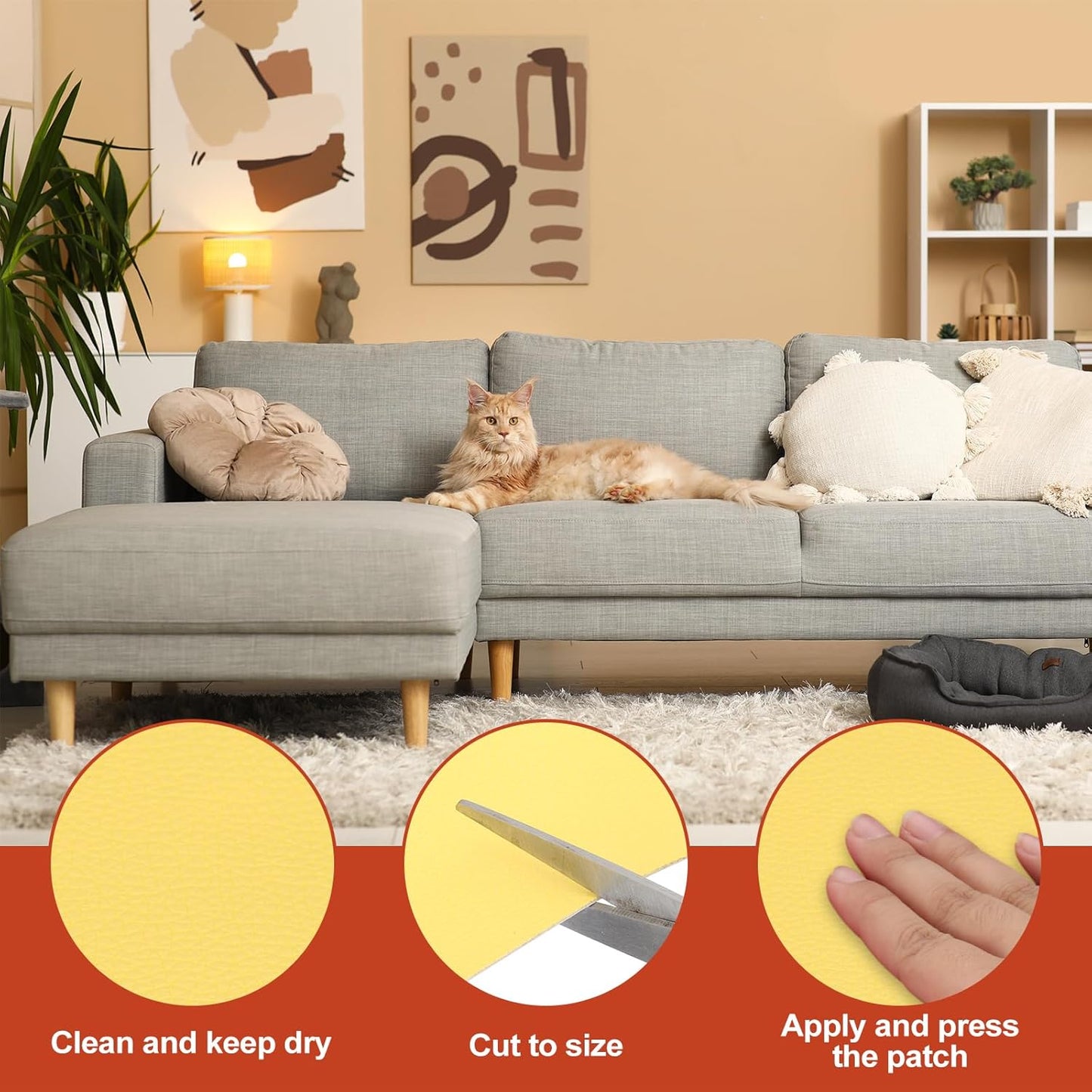 PATIKIL Leather Patches Tape for Furniture, 6.3 x 61 Inch Self Adhesive Vinyl Leather Repair Kit Cover Sheet for Couch, Sofa, Car Seats, Office Chair, Rice Apricot