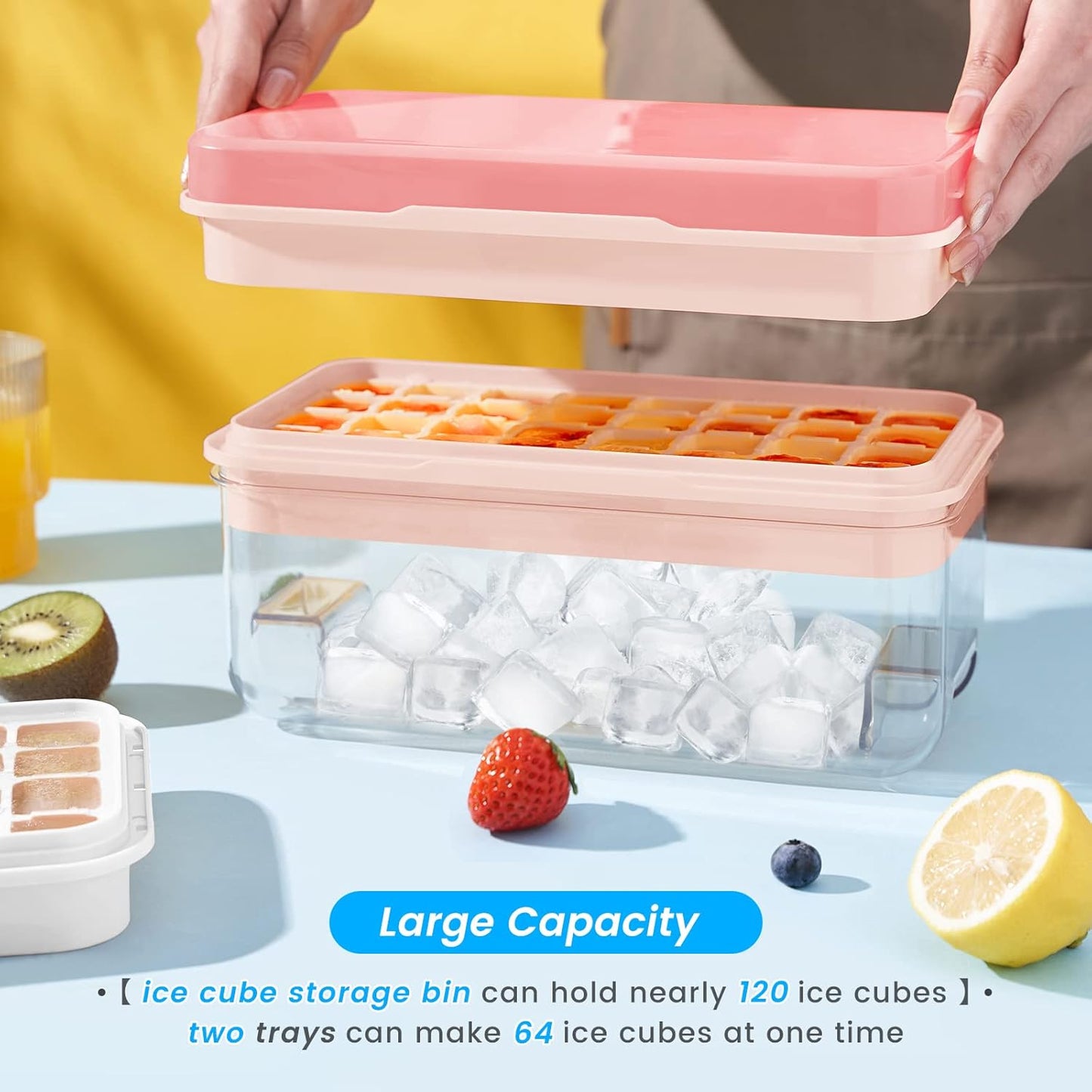 PHINOX Ice Cube Tray with Lid and Bin, Ice Trays for Freezer, Flexible Ice Cube Trays, Making 64 pcs Ice Cubes, Chilling Cocktail, Whiskey, Coffee, with 2 trays, Ice Container, Scoop&Cover, BPA Free
