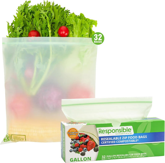Responsible Products Certified Compostable Large GALLON Resealable Zip Bag, Extra Strength Food Bags, Made from Plant Materials (32 Pack)