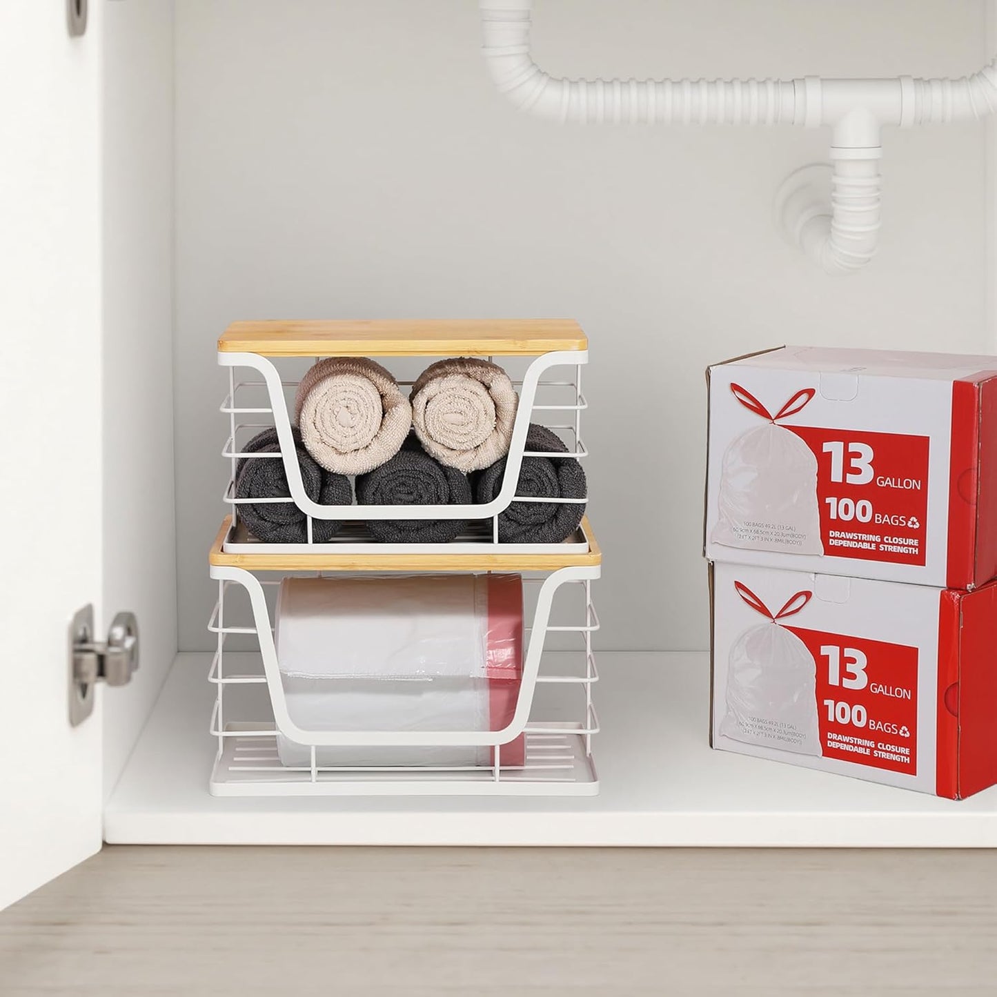 ALOCEO 2 Pack Extra Large Trash Bag Holder with Bamboo Top, Wall Mount Stainless Steel Organization and Storage for Kitchen Sink, White