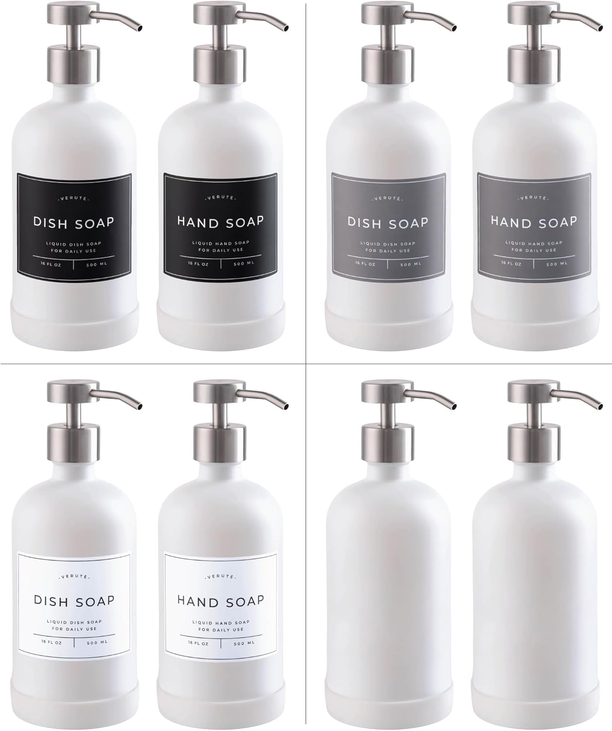 16oz Glass Soap Dispenser with Stainless Steel Pump, 21 Waterproof Labels, Non-Slip Protective Silicone Pad, Set of 2 for Bathroom & Kitchen (Matte White Bottle/Brushed Silver Pump)