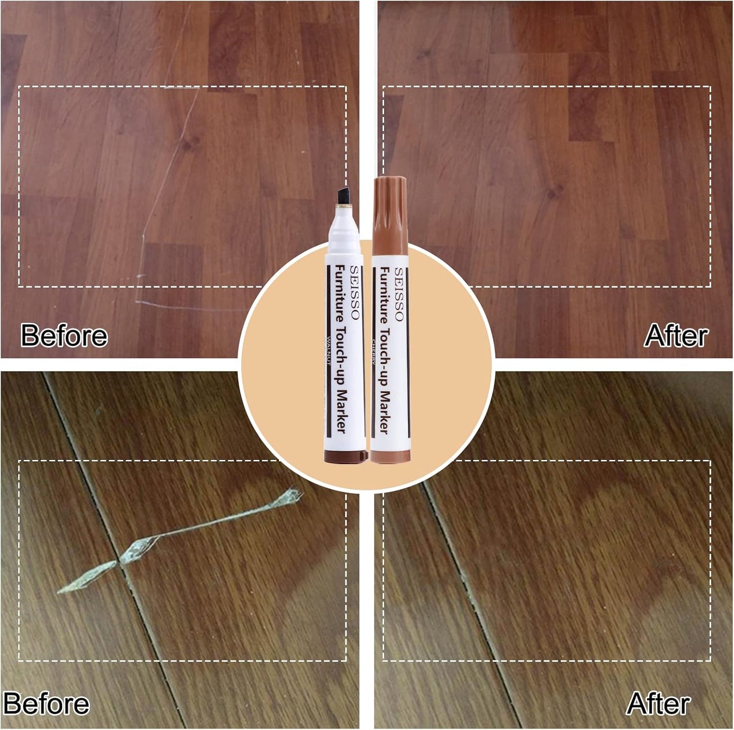 SEISSO Wood Furniture Repair Kit, Wood Filler and Touch Up Markers, Set of 28 Laminate Vinyl Floor Repair Kit for Scratches, Cracks, Holes, Discoloration for Door, Floor, Table, Cabinet