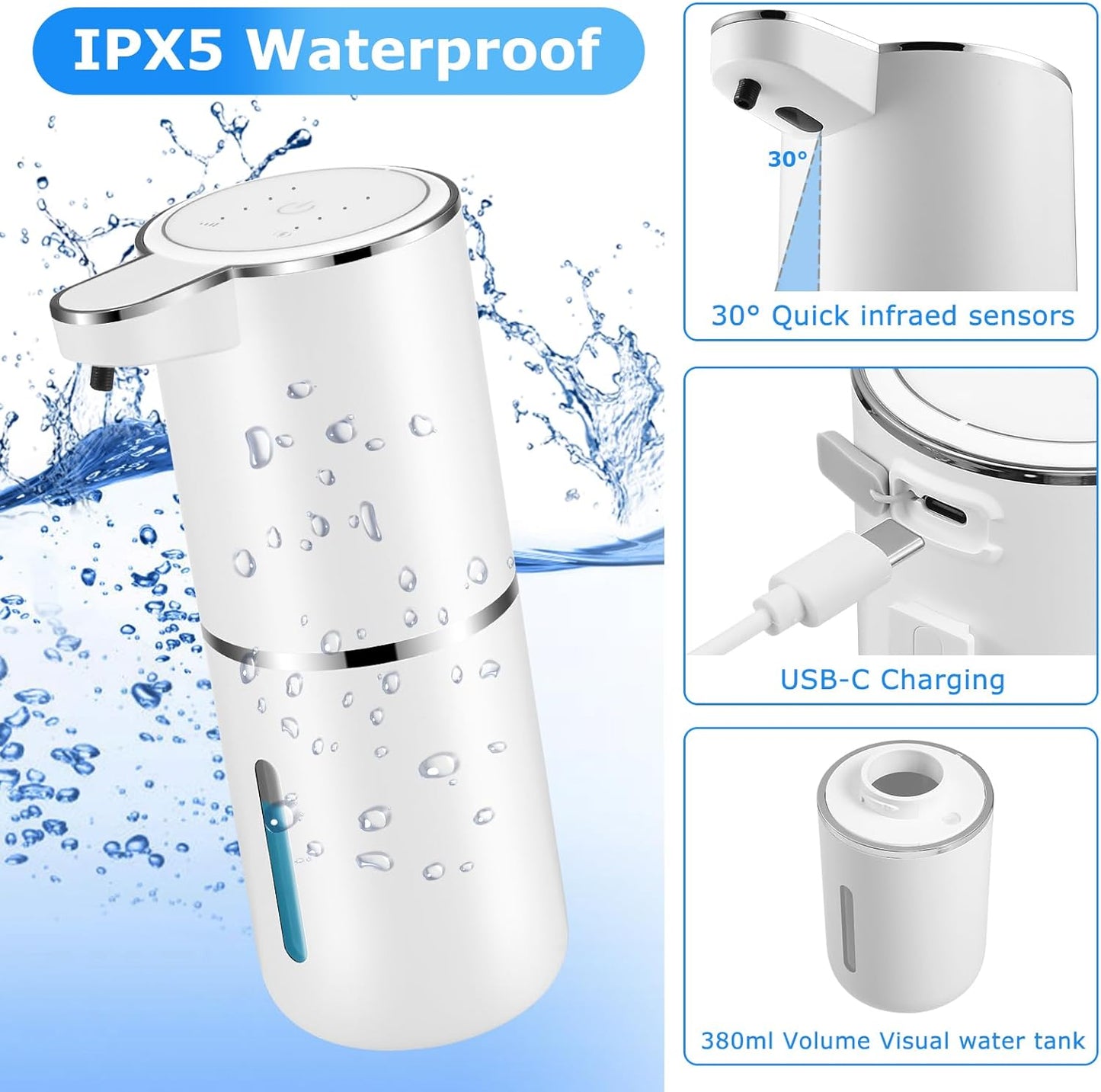 2 Pack Automatic Soap Dispensers,12.8oz/380ml USB Touchless Automatic Foaming Soap Dispenser,Rechargeabled Wall Mounted Smart Soap Dispenser for Bathroom Kitchen Dish Soap