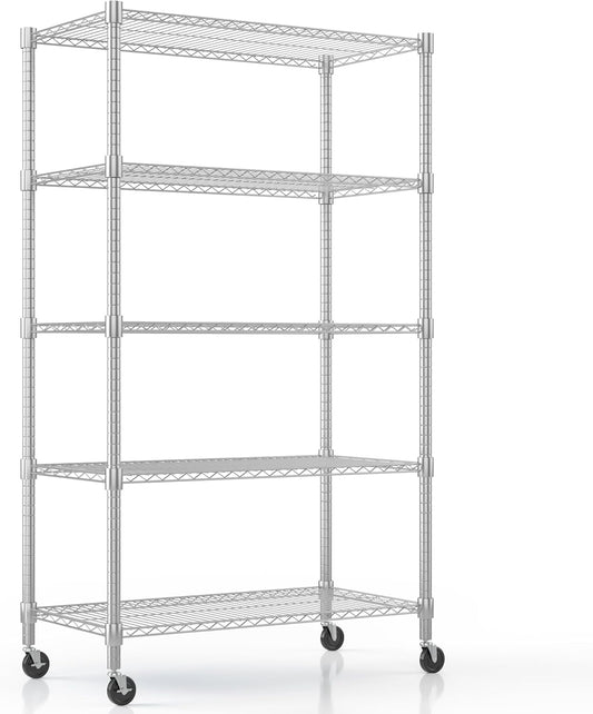 Himimi 5-Tier Heavy Duty Steel Wire Rack Storage Shelving, Adjustable Metal Storage Shelves with Wheels, 82''H Wire Shelf for Kitchen Garage Basement Pantry Organization, 18" D×36" W×82" H-Silver