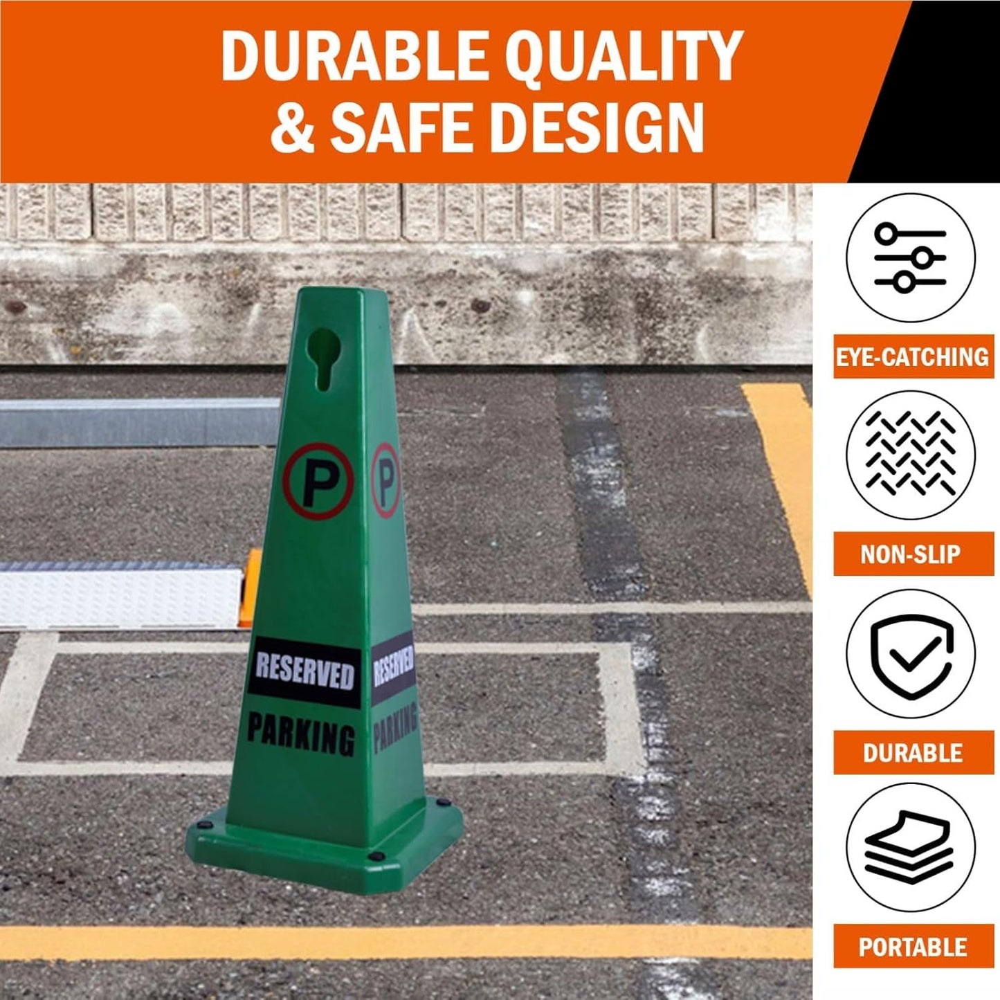 8-Pack 26.5" Caution Cones, 4-Sided Visible Safety Signs with Heavy Rubber Base, Warning for Slip & Fall Prevention, Indoor/Outdoor Use (Green, 8Pcs-Reserved Parking)