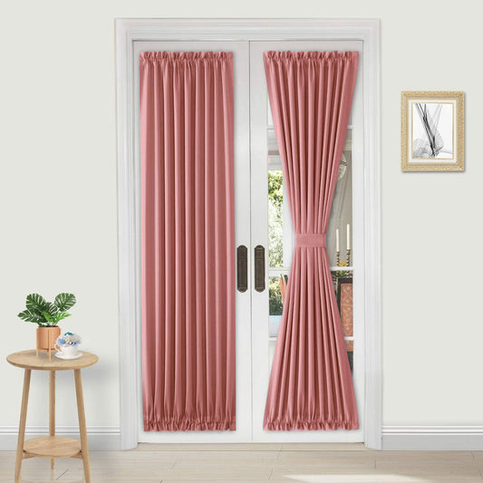 DWCN French Door Curtains – Rod Pocket Thermal Blackout Curtain for Doors with Glass Window, Kitchen and Patio Doors for Privacy, 36 X 72 Inches Long, 1 Curtain Panel with Tieback, Dry Rose