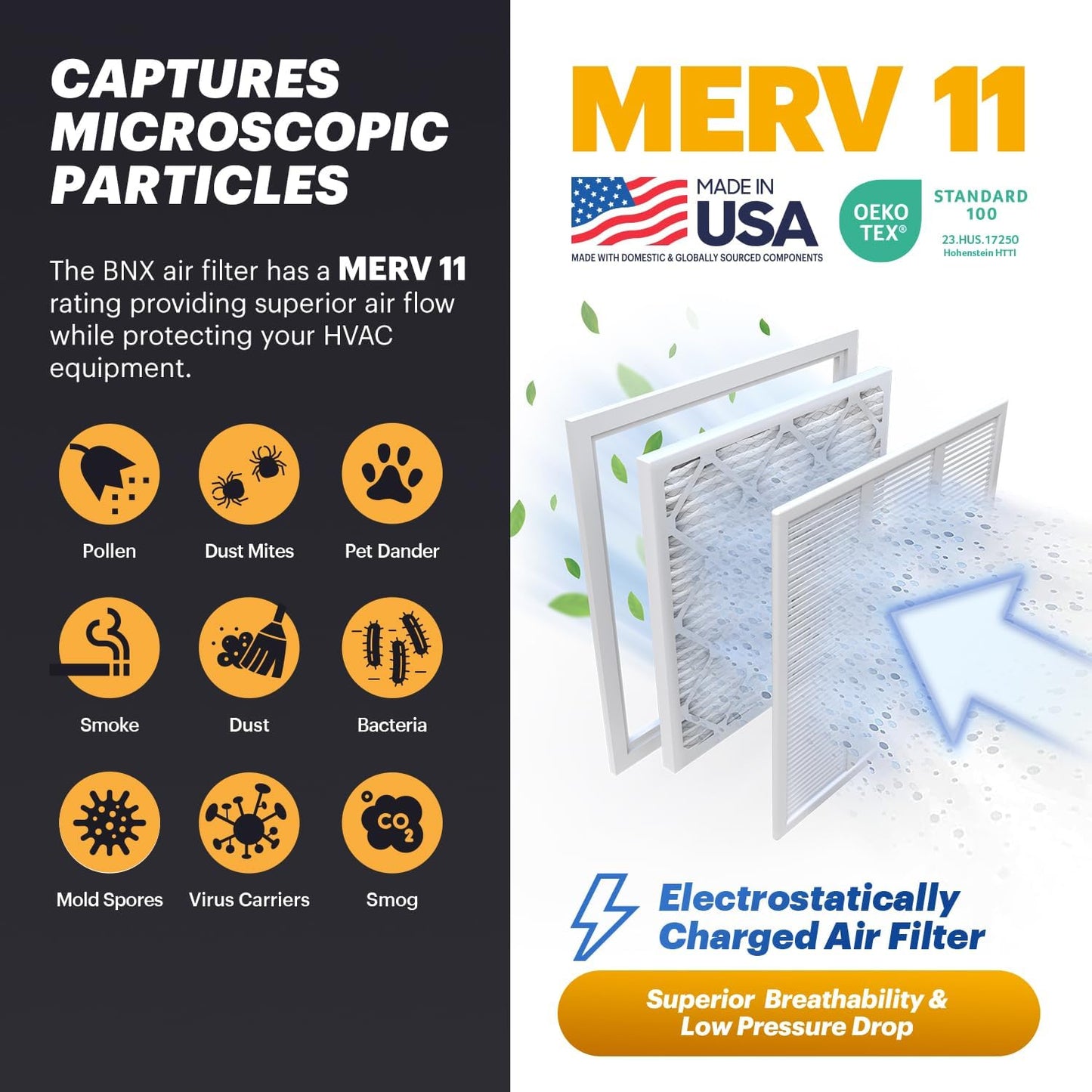 BNX TruFilter 16x25x5 (15.88’’ x 24.75’’ x 4.38‘’ Honeywell Compatible 4”) MERV 11 Air Filter (2-Pack) - MADE IN USA - AC Furnace Filters for Allergies, Dust, Pet, Smoke, Allergy MPR 1200 FPR 7