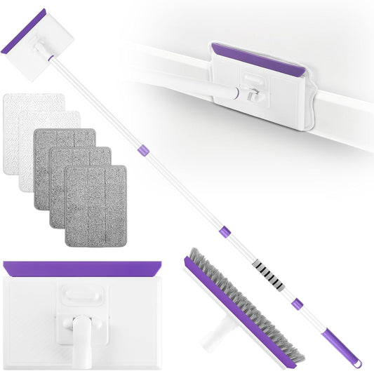 Baseboard Cleaner Tool with Handle 2.0, 60" Extendable Long Handle, Dust Trapping and Locking, 5 Reusable Pads, Purple Base Boards Cleaning Tool for Moldings, Wall, Floor, Bathroom, Kitchen