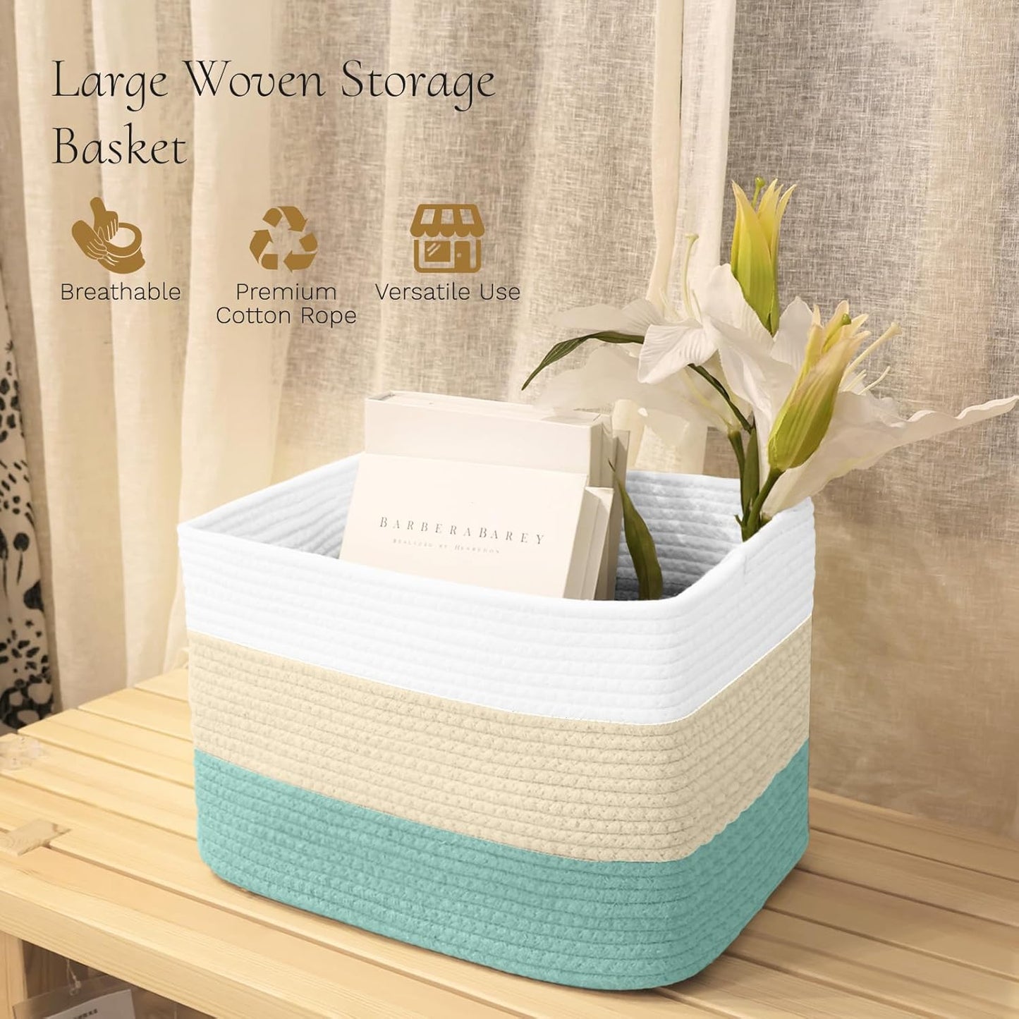 Hopegiver Woven Storage Baskets 15x11x10 Inch, 1 Pack Collapsible Cube Storage Bin for Shelves - Foldable Cotton Rope Organizer Bins for Towels, Toys, Books, Closet, Nursery (White Cream Green)