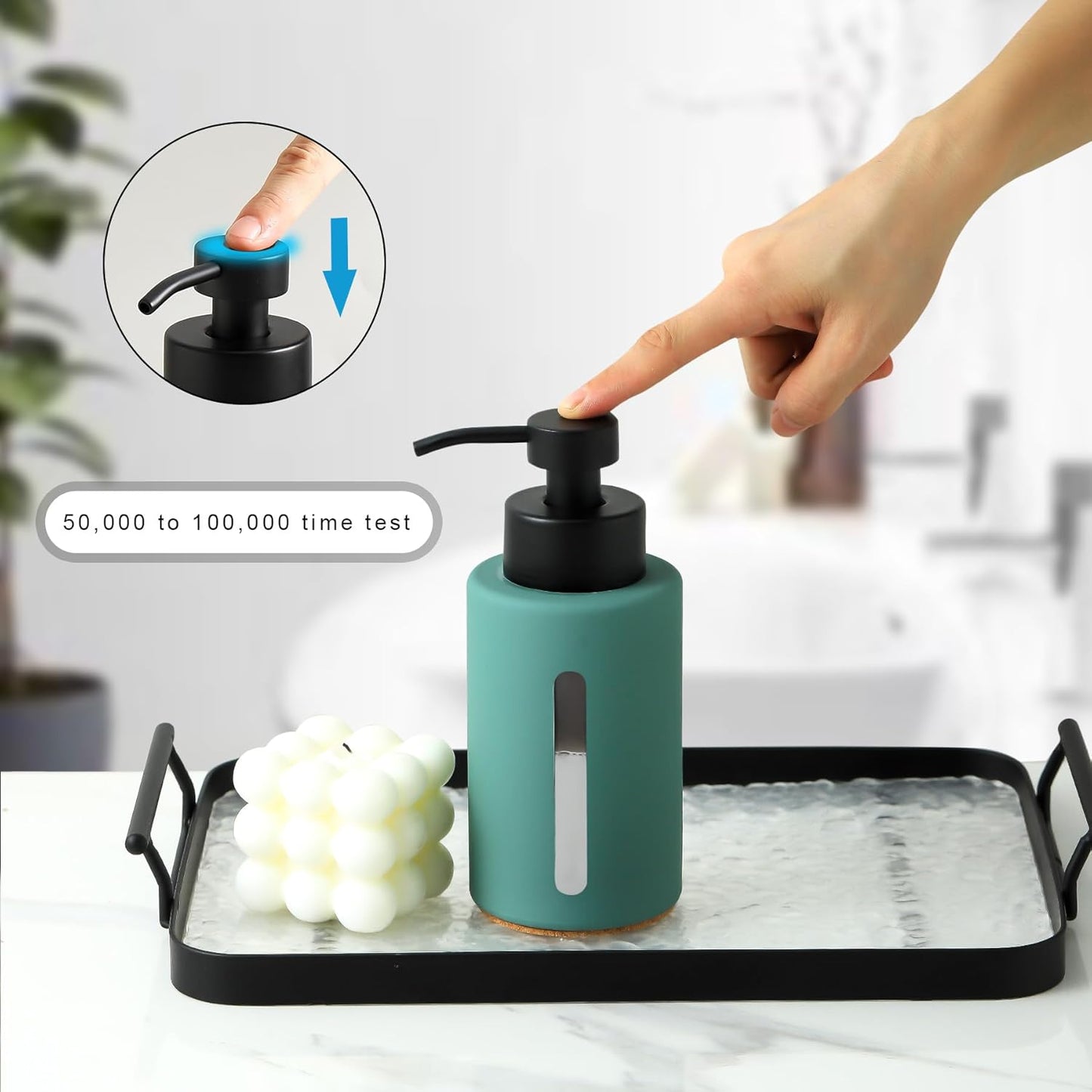 Enra Thick Glass Soap Dispenser with Clear Window,12oz Green Bathroom Soap Dispenser with Lotion Pump Hand Liquid Soap Dispenser Countertop Lotion Bottle for Bathroom(Green/Liquid Type)