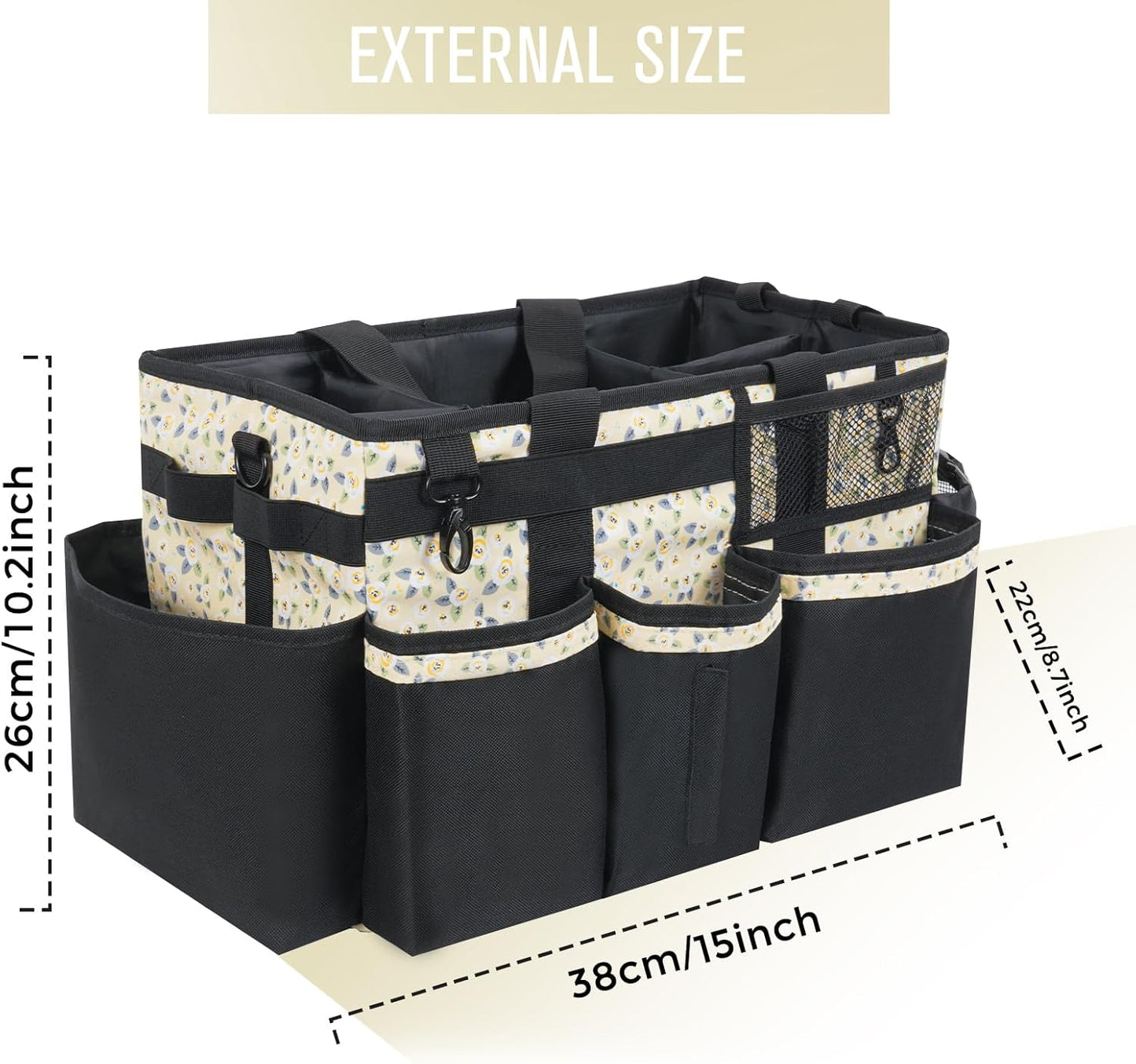 Wearable Cleaning Caddy, Cleaning Caddy Supplies Organizer with Handle & Shoulder Straps for Housekeepers, Under Sink & Car Cleaning Tool Organizers Bag with 4 Foldable Divider (YellowFlower)