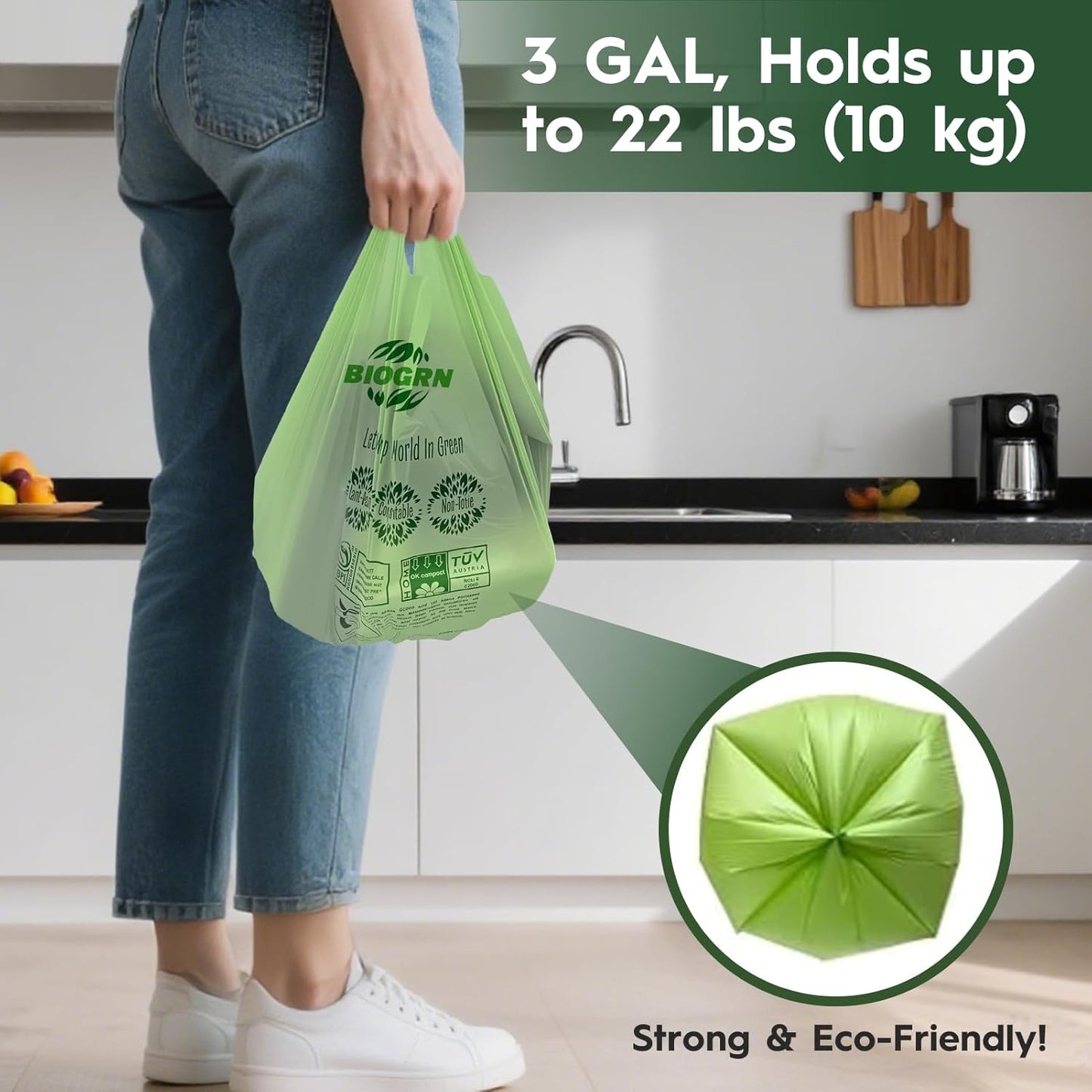 2.6-3 Gallon Compostable Trash Bags with Handles 80 Count 0.67 Mil 11.36 L Small Kitchen Wet Food Scrap Waste Compost Bag for Countertop Bin ASTM D6400 US BPI and OK Compost Home Certified