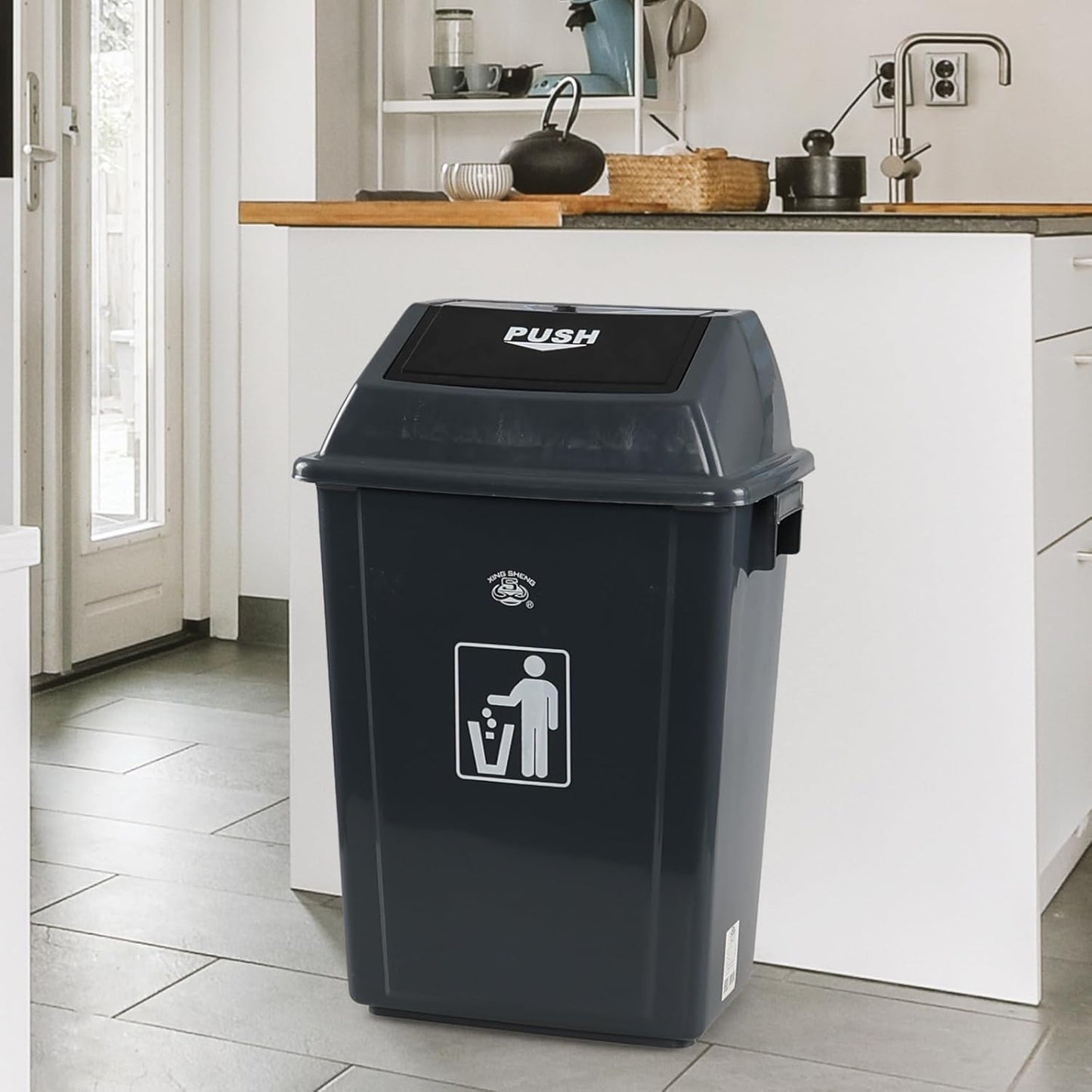 13 Gallon Plastic Swing Lid Trash Can, Outdoor Garbage Can, Grey, 4 Pack