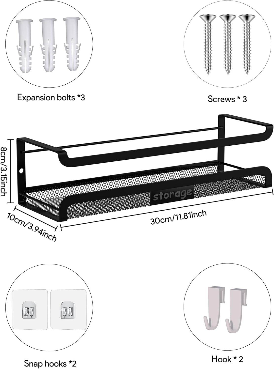 Spice Rack Wall Mount with Hooks - Spice Racks Organizer for Cabinet Storage, Wall Mounted Hanging Shelf Seasoning Organizer, for Kitchen, Pantry Door, Bathroom (Black, 1 Pack)