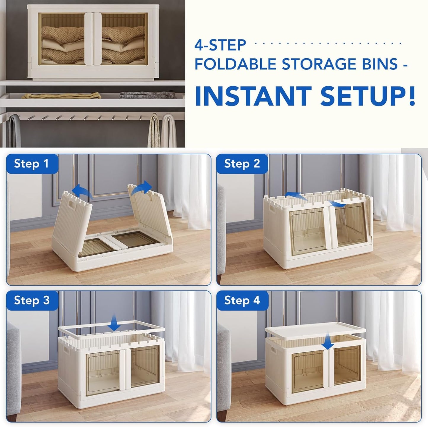 FLEXIMOUNTS 75 QT Stackable Storage Bins With Lids, Collapsible Plastic Storage Bins, Closet Organizers and Storage Containers with Doors and Built-in Wheels For Home, 2 Pack Cubes, Milky White