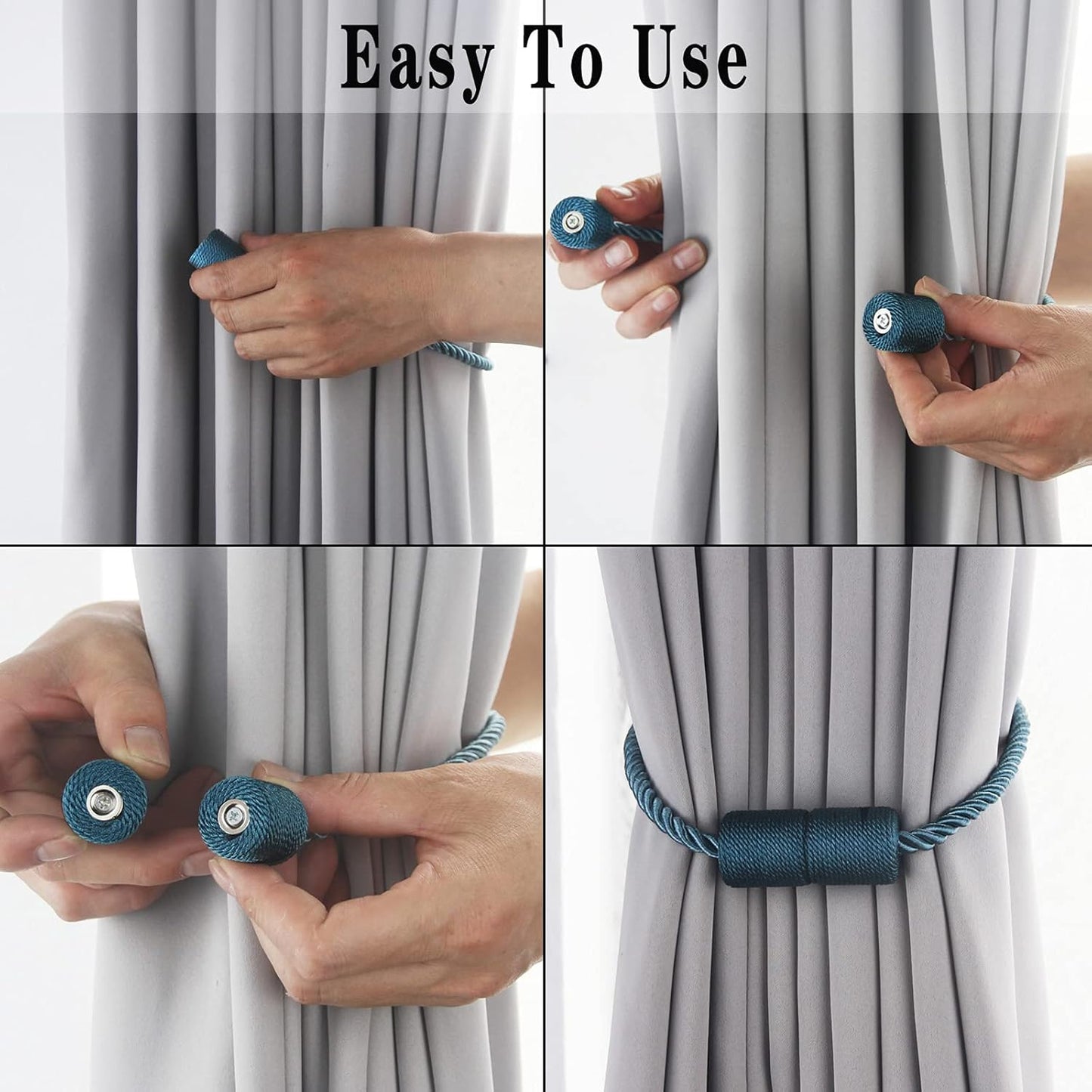 4 Pack Blue Strong Magnetic Curtain Tiebacks Outdoor Elegant Decorative Tie Backs Modern Rope Tiebacks for Drapes Window Curtain Holdbacks for Draperies