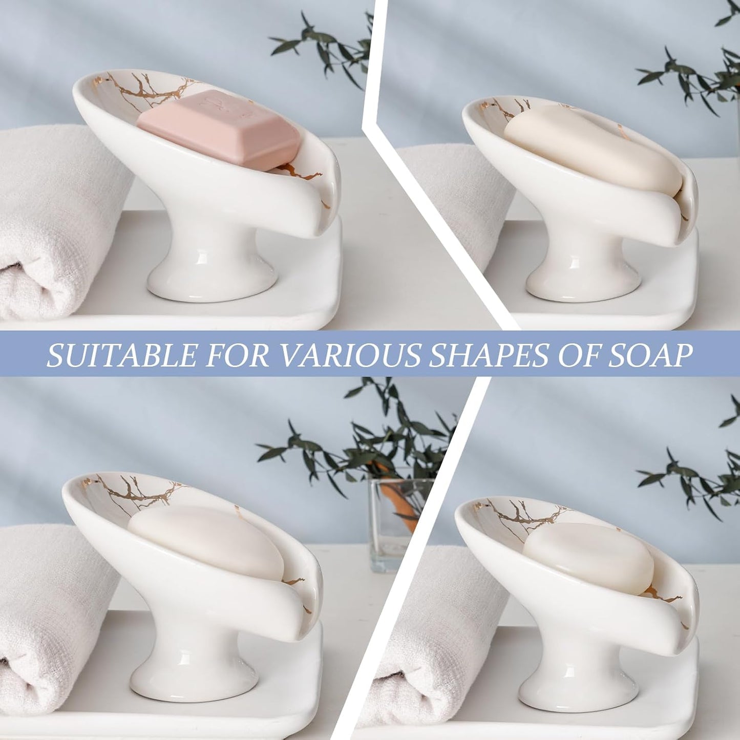Soap Dish Set, Self Draining Bar Soap Holder for Bathroom Sink, Leaf Shaped Drainage Ceramic White Marble Porcelain Soap Dishes, Kitchen Decorative Soap Dish 2PACK, ANTIS'S HOME