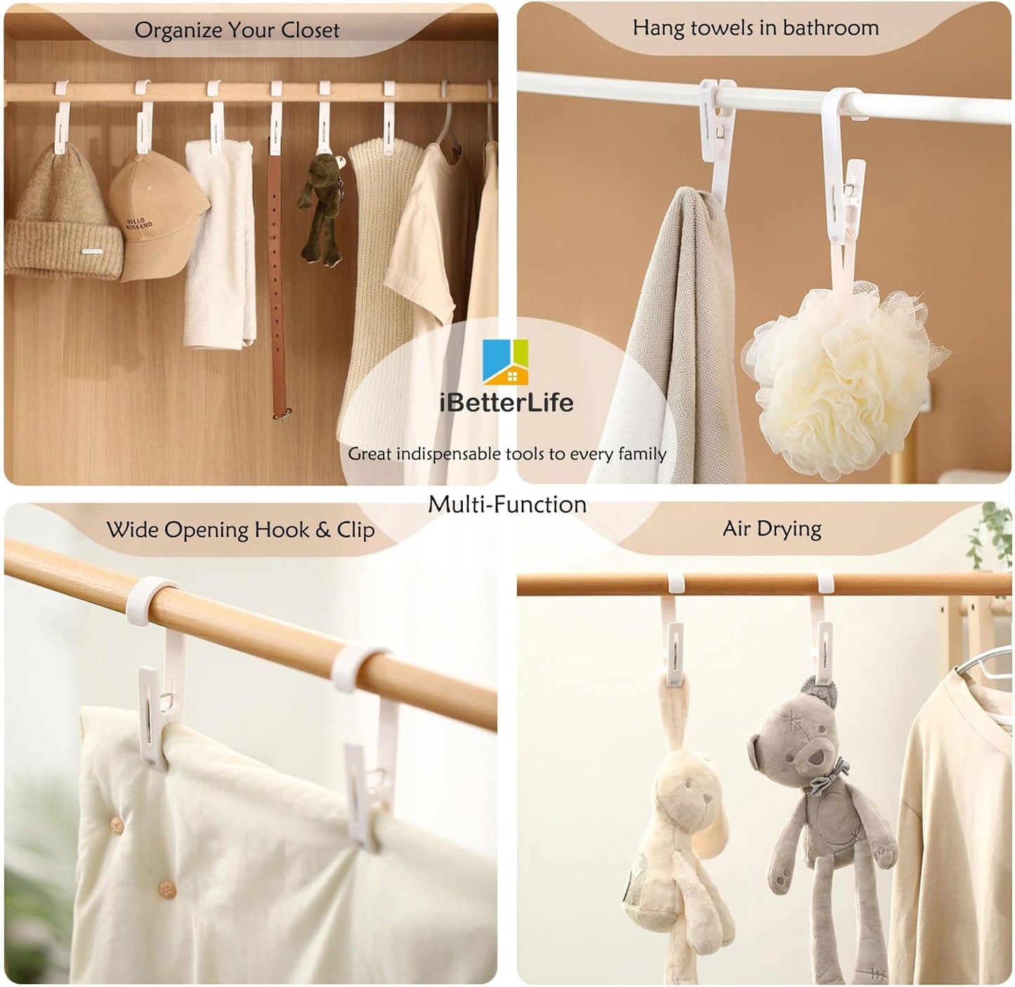 iBetterLife Laundry Hooks Hanging Clips - 8Pcs Heavy Duty Outdoor Clothes Pins, Closet Organizer Single Clip Hangers Clamps Socks Boot Bras Underwear Kids Towels for Bathroom Wardrobe Kitchen Office