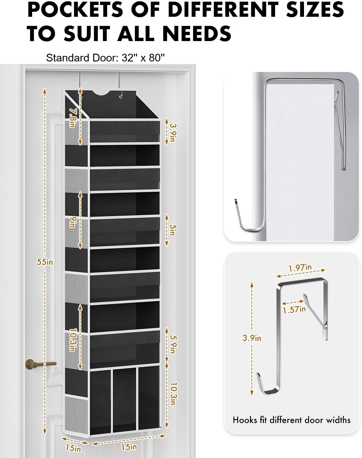Over The Door Organizer Hanging - 6 Shelf Over Door Organizer with 6 Clear Front & 12 Side Pockets - 50LB Load Behind Storage for Closet Bedroom Bathroom Nursery Baby Essentials(Black)