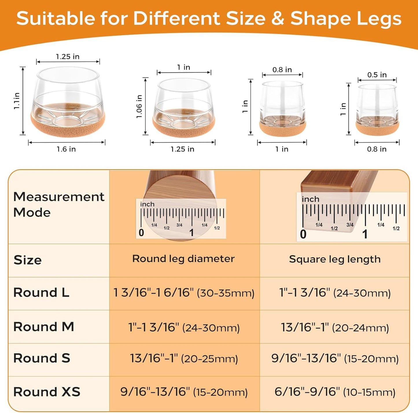 24 PCS Silicone Chair Leg Floor Protectors Medium Fit (1"-1.2") Rubber Felt Furniture Pads Chair Legs Caps/Covers for Hardwood Floors, Tile from Scratches & Reduce Noise - Round, Clear