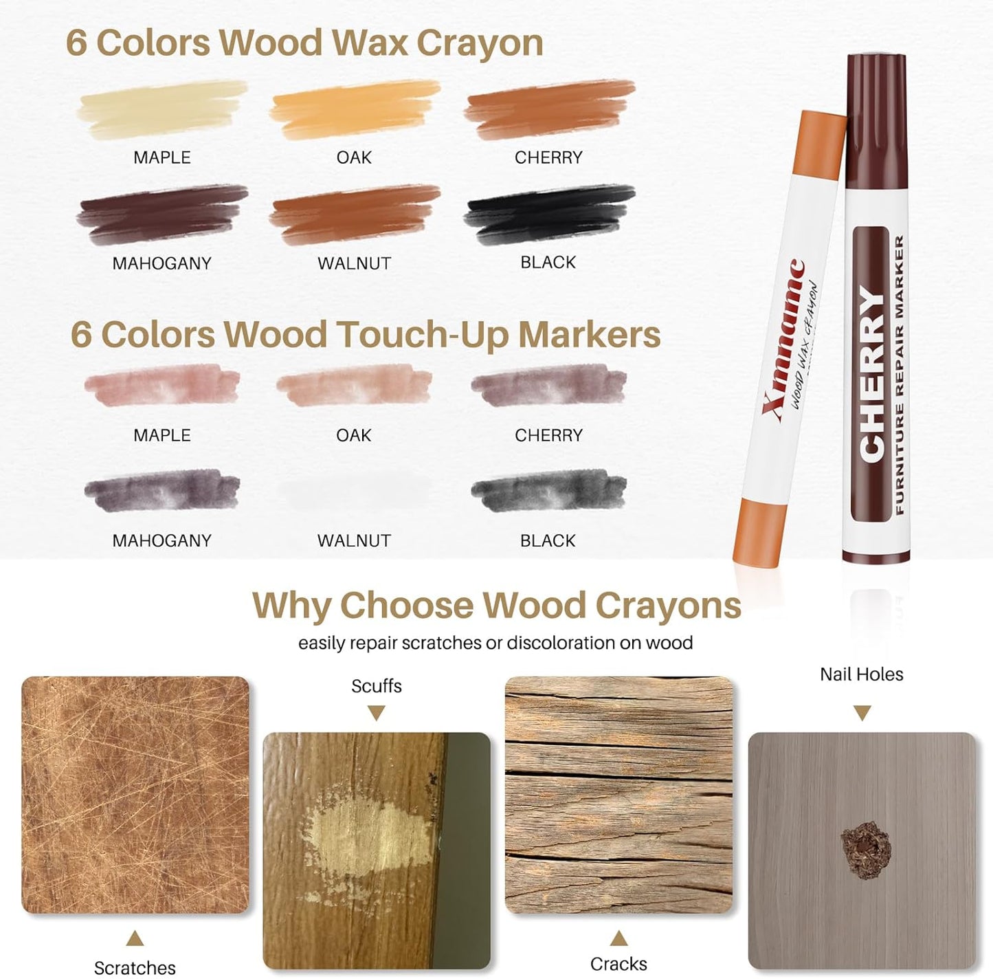 Wood Repair Wax Crayons, 12 Colors Wood Repair Wax Pens Furniture Touch Up Markers, Wood Crayons for Scratches, Scuffs, Cracks, Nail Holes