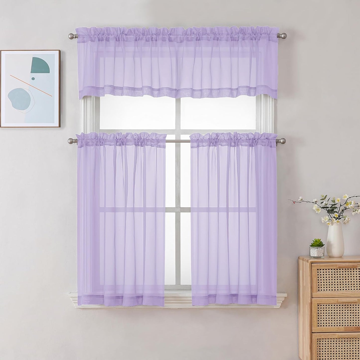 Chyhomenyc Sheer Valances for Windows 2 Pack, Small Window Curtains for Living Room Bathroom Cafe Laundry Basement, Modern Top Dual Rod Pocket Voile Curtain, 42W x 18L inches, Lilac
