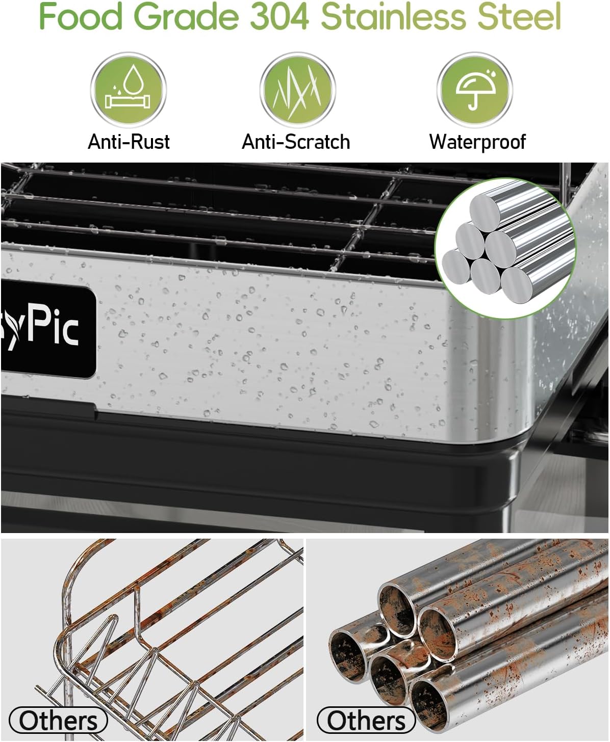 2 Tier Dish Drying Rack, Thicker Premium 304 Stainless Steel Dish Racks for Kitchen Counter, Automatic Drainage Spout, Dish Drainer & Drainboard Set with Utensil Holder and Cup Holder, Black