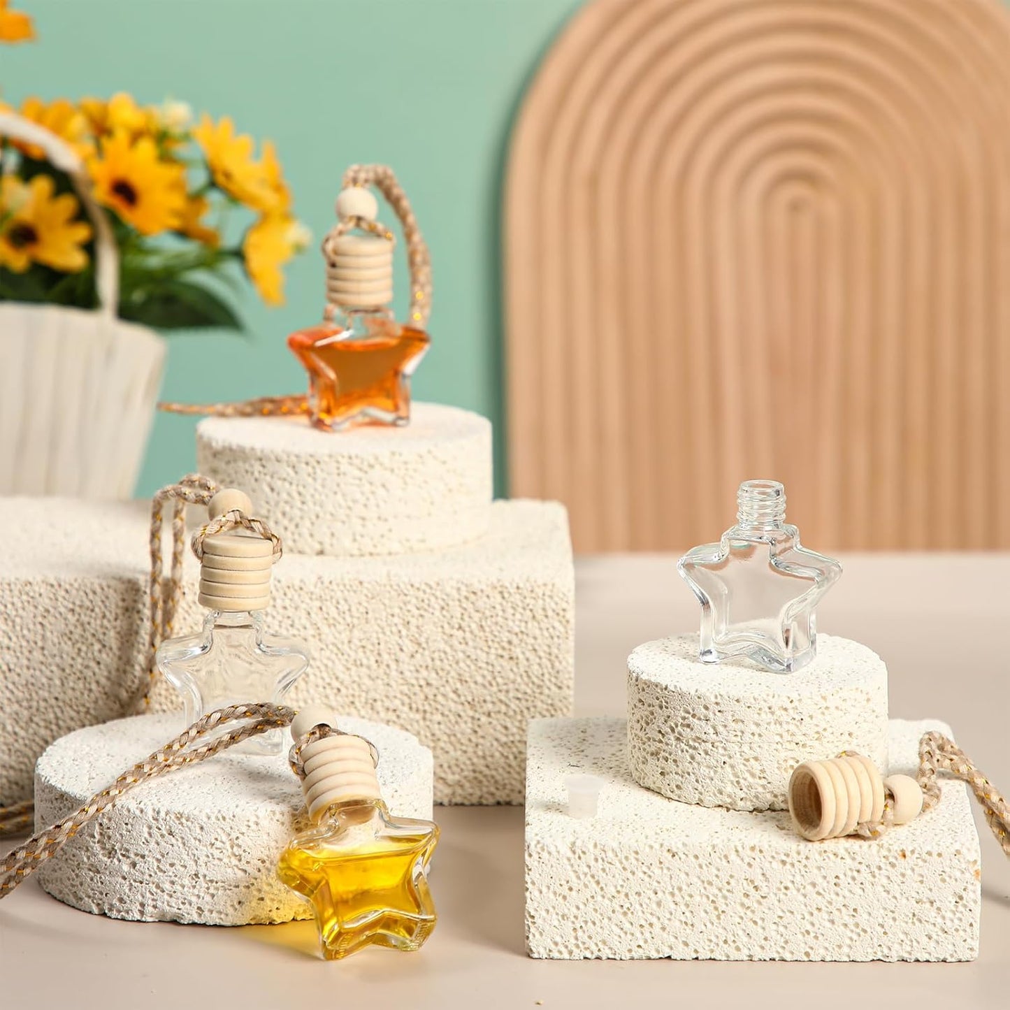 BBTO 50 Pcs Hanging Car Air Freshener Car Diffuser Bottles Empty Glass Perfume Bottle Freshener Diffuser Bottle Pendant for Essential Oil Fragrance Aromatherapy Bottle Ornament(Star)