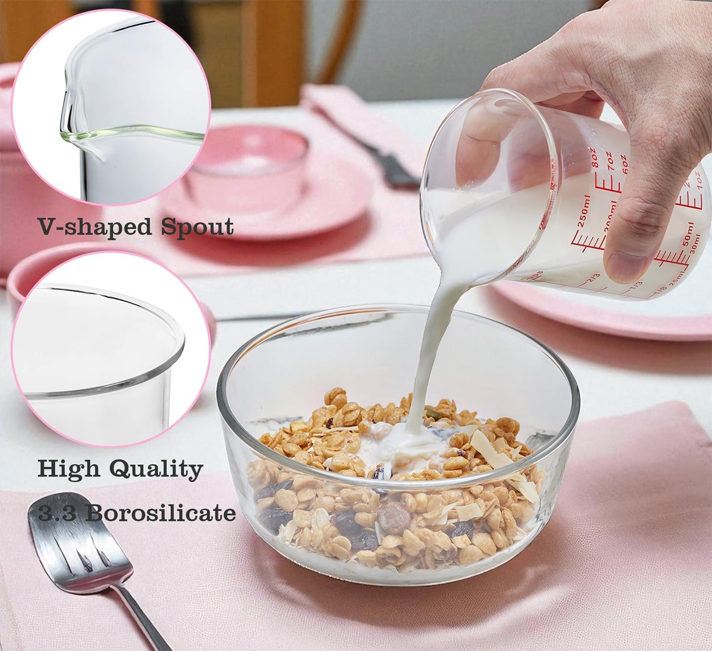 Ackers High Borosilicate Glass Measuring Cup Set with Pour Spout,60ml(2OZ),120ml(4OZ), 250ml(8OZ) Glass Measuring Beaker for Kitchen or Restaurant, Easy to Read