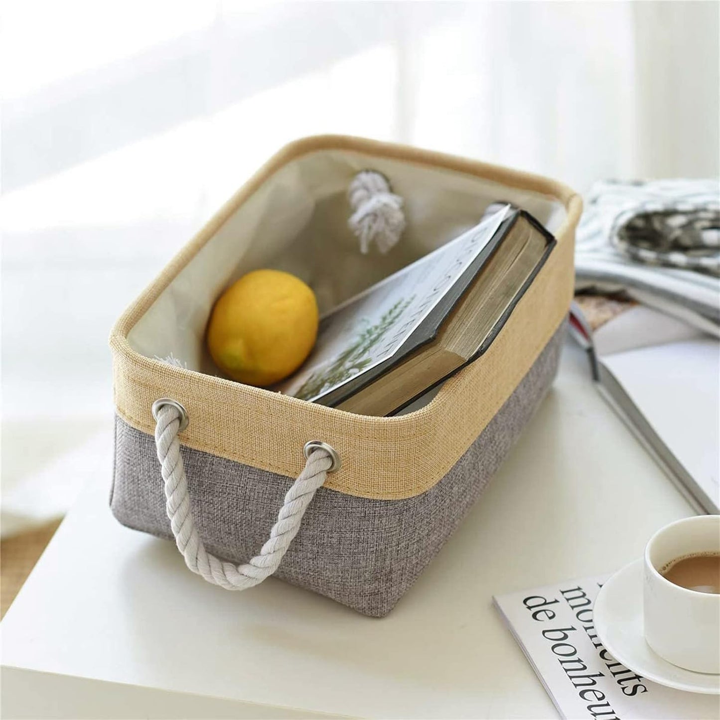 TheWarmHome Decorative Basket Rectangular Fabric Storage Bin Organizer Basket with Handles for Clothes Storage (Gold&Grey, Medium-1Pack,13.8L*9.8W*6.7H)