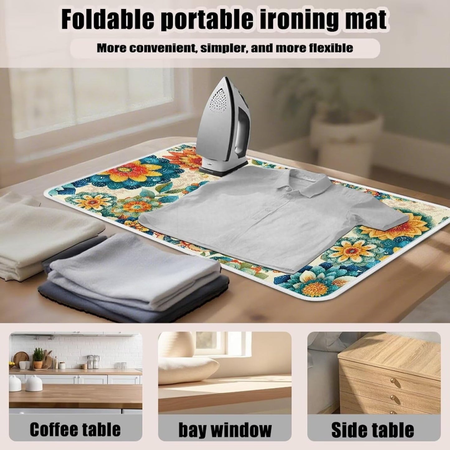 Boho Ironing Mat Foldable Ironing Pad Portable Board Iron Board Alternative Cover,Foldable Cover Flower Small Iron Mat for Table Top,Washer and Dryer 32 x 16 Inch