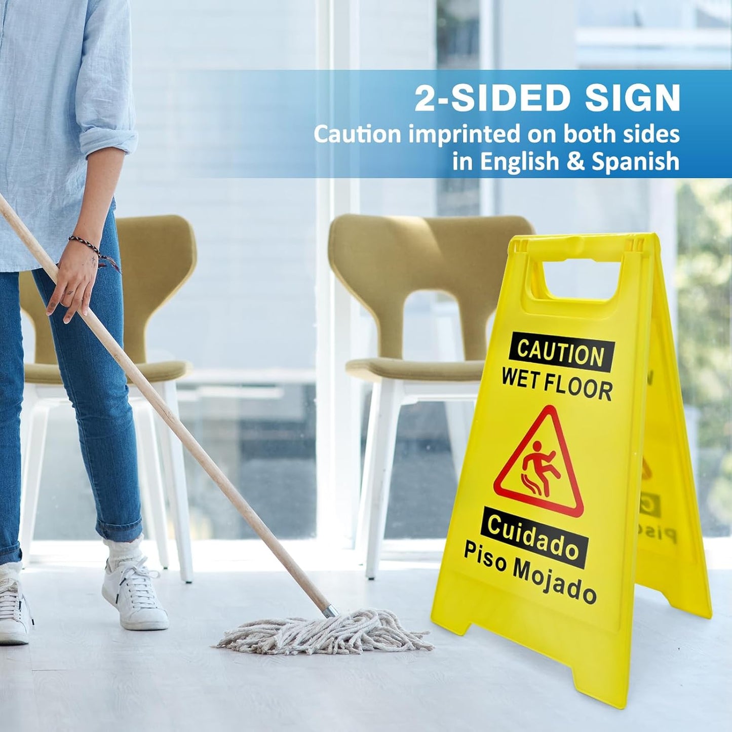 4-Pack Caution Wet Floor Sign, 17.5" Height, Bright Yellow, Double-Sided A-Shaped Frame Design, Bilingual Caution Message