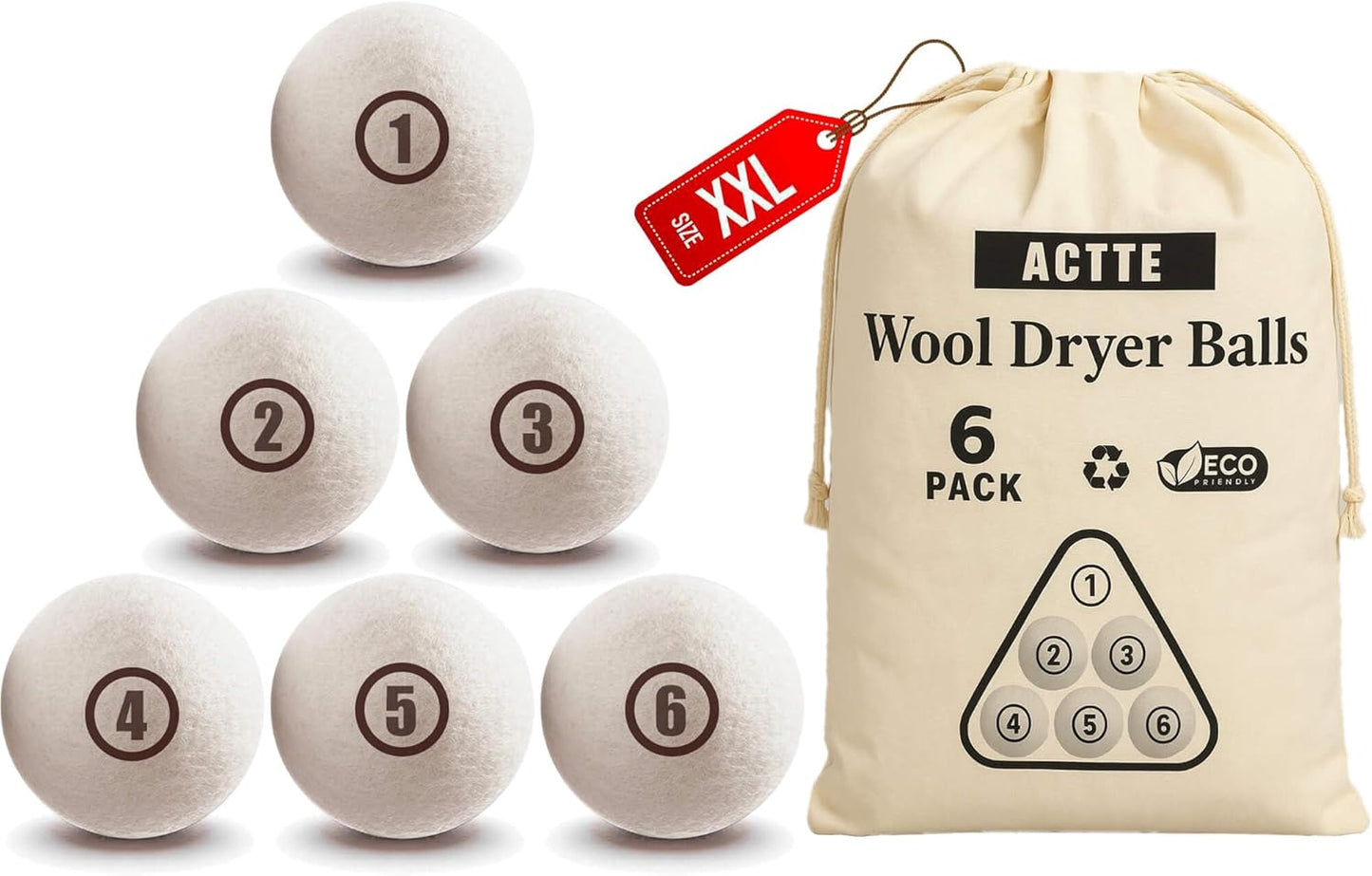 Sheep Wool Dryer Balls 6 Pack XXL(3.1") Premium Natural Fabric Softener, Reusable Laundry Dryer Balls for Reducing Drying Time, Static and Wrinkles, Eco-Friendly – 100% New Zealand Wool