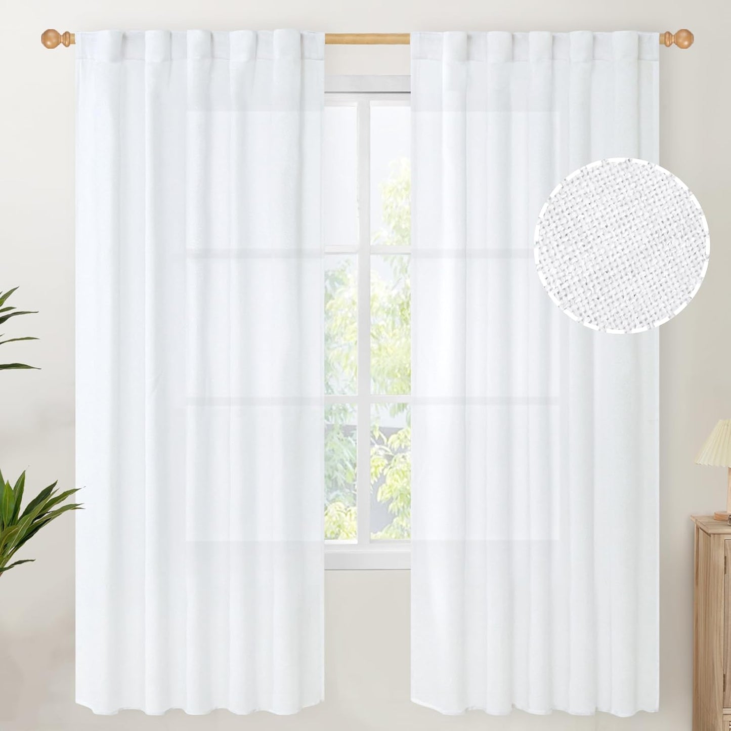 YoungsTex White Linen Semi Sheer Curtains 72 Inch Length 2 Panels for Living Room, Light Filtering Drapes Lightweight Window Treatments with Rod Pocket Back Tab for Bedroom, 42 X 72 Inch