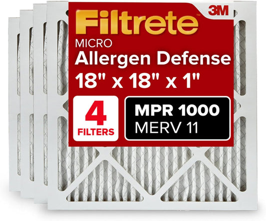 Filtrete 18x18x1 AC Furnace Air Filter, MERV 11, MPR 1000, Micro Allergen Defense, 3-Month Pleated 1-Inch Electrostatic Air Cleaning Filter, 4 Pack (Actual Size 17.81 x 17.81 x 0.81 in)