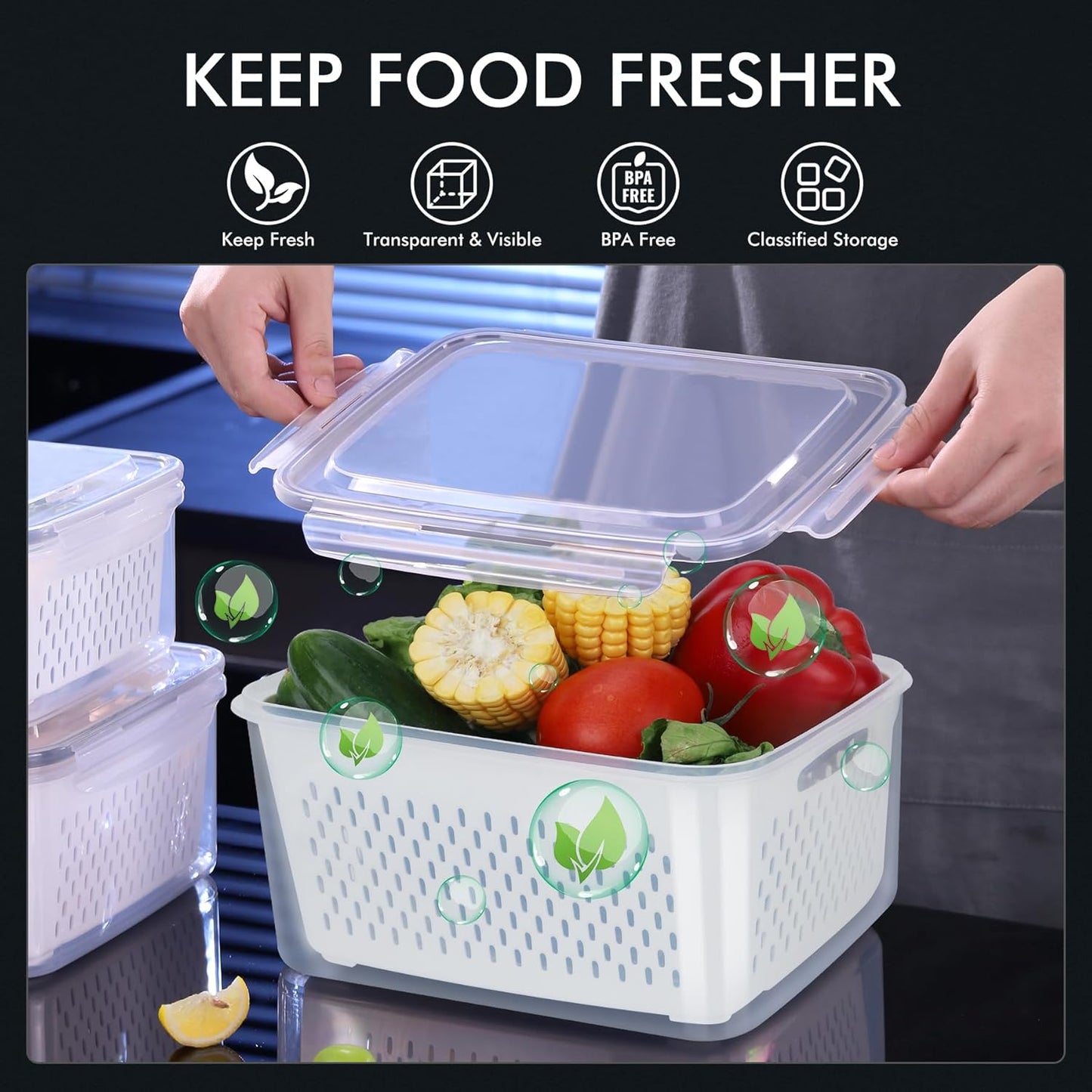 HOTEC 5-Pack Large Fruit Storage Container for Fridge Leak proof with Removable Colander, BPA Free Dishwasher & microwave safe Largest 4.15L