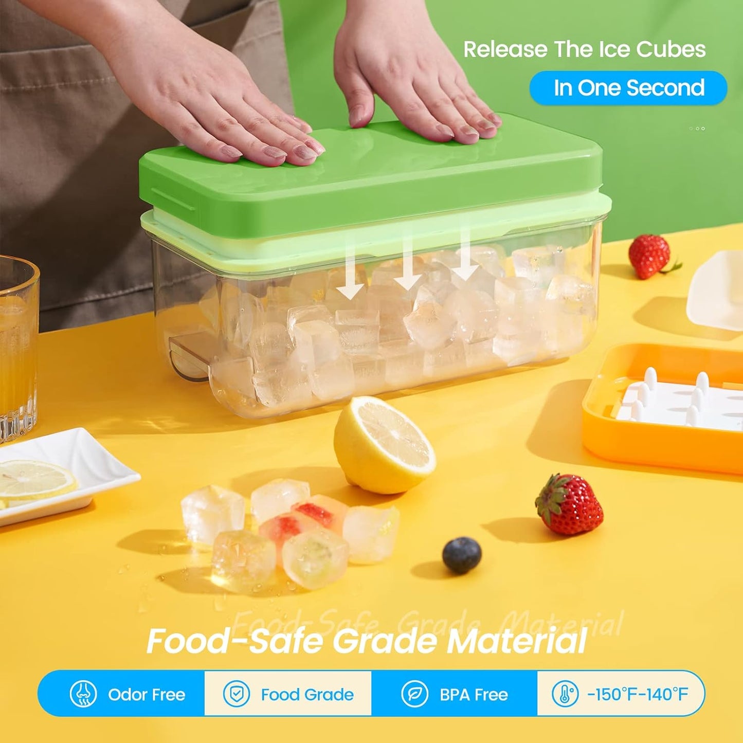 PHINOX Ice Cube Tray with Lid and Bin, 3 Pack Plastic Ice Cube Tray Molds, 96(4 * 8 * 3) pcs Ice Trays for freezer, Chilling Drinks, Whiskey & Cocktails, with Ice Container and Ice Scoop, BPA-Free