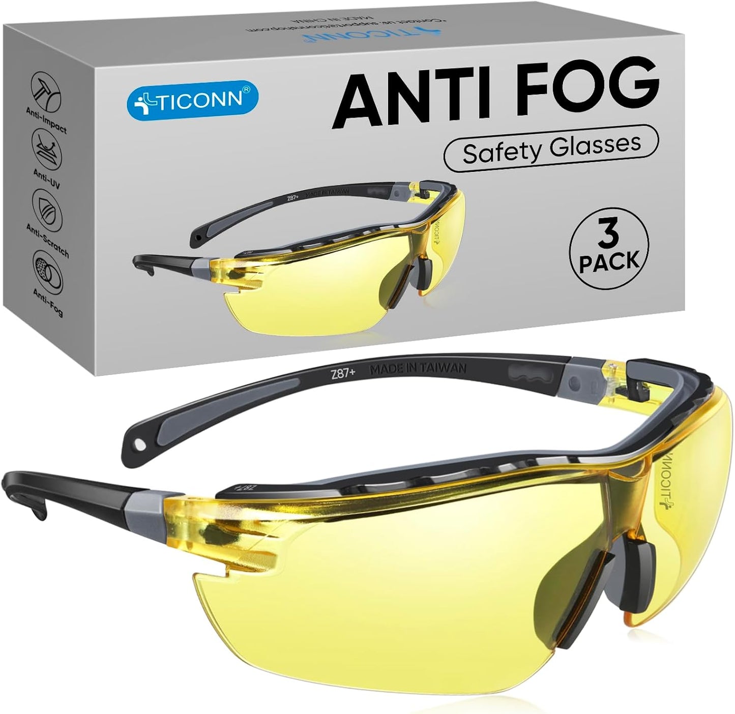 TICONN Anti-Fog Safety Glasses for Men and Women, ANSI Z87.1 Scratch Proof Eye Goggles with Adjustable Arms and UV Protection