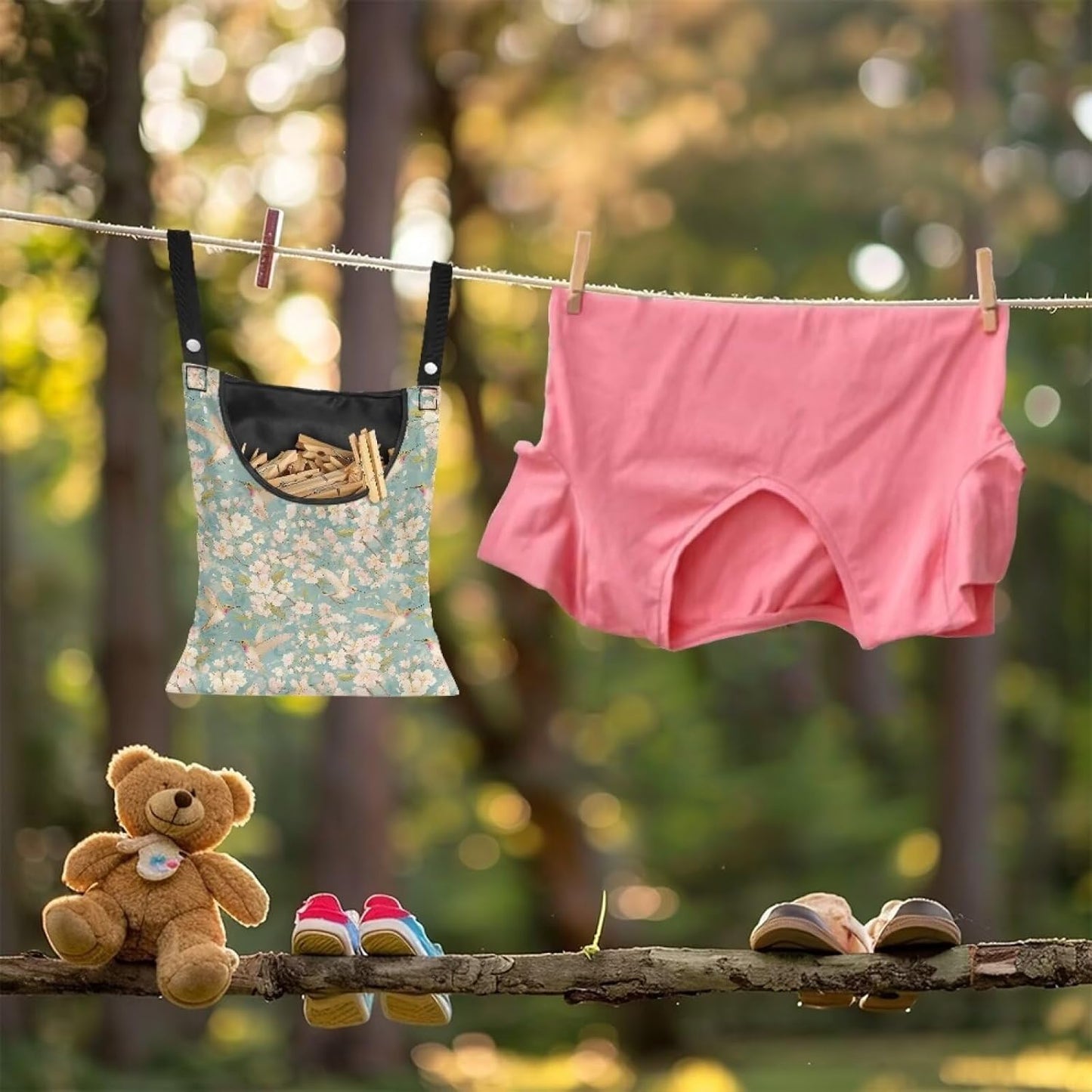 Clothespin Bag, Hanging Laundry Bag, Clothes Lines for Hanging Clothes Outside, Hanging Storage Organizer with Hanging Rope for Home Outdoor - Flower and Bird