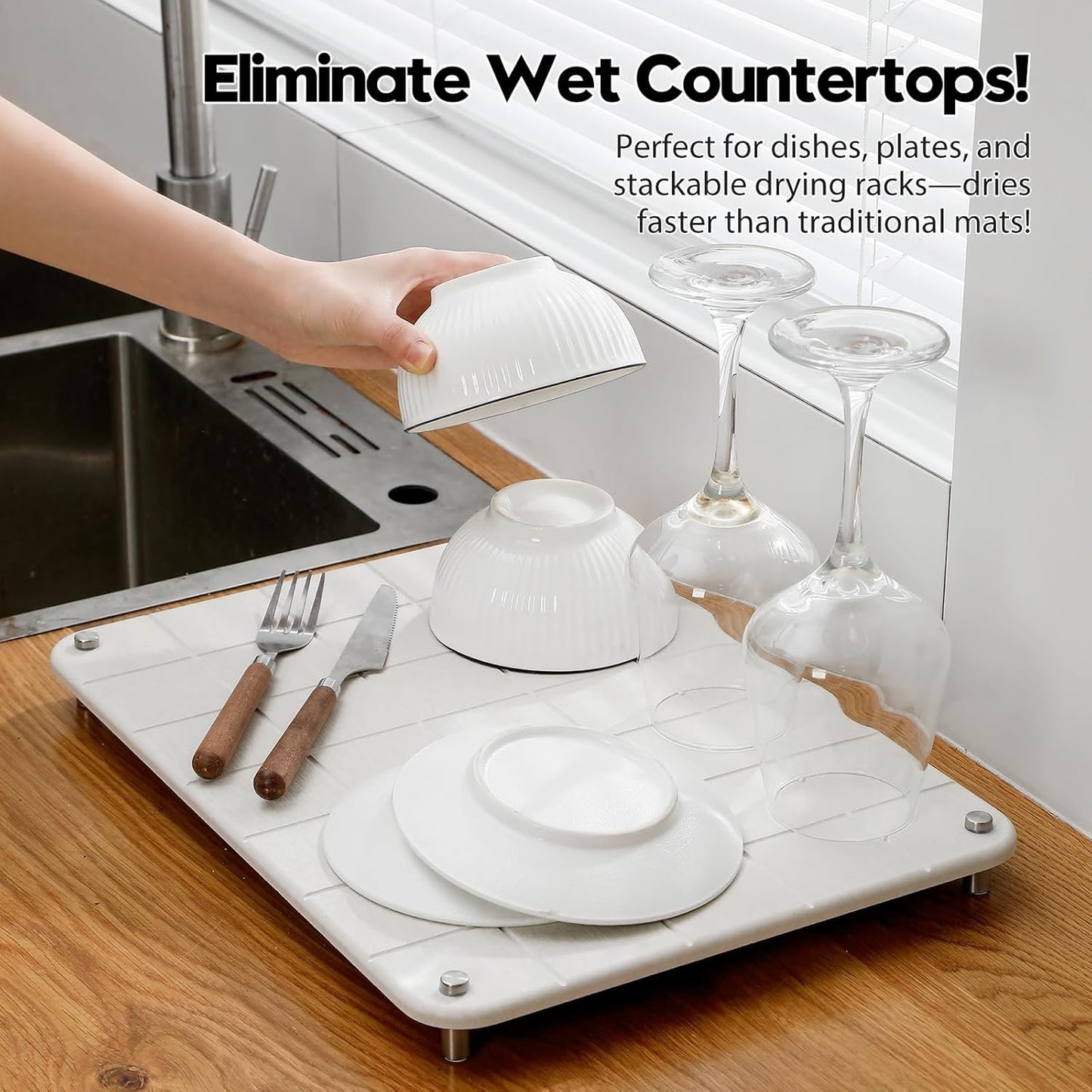 Stone Dish Drying Mat for Kitchen Counter, Water Absorbing Bathroom Tray Sink Organizer, Diatomaceous Earth Countertop Dish Rack Riser Sponge Holder Soap Dish, Gray Beige, 16" x 12"