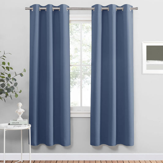 PONY DANCE Stone Blue Blackout Curtains for Bedroom 63 Inch Length 2 Panels Set, Thermal Insulated Energy Saving Grommet Top Window Treatment Drapes for Living Room, W34 x L63 Inch