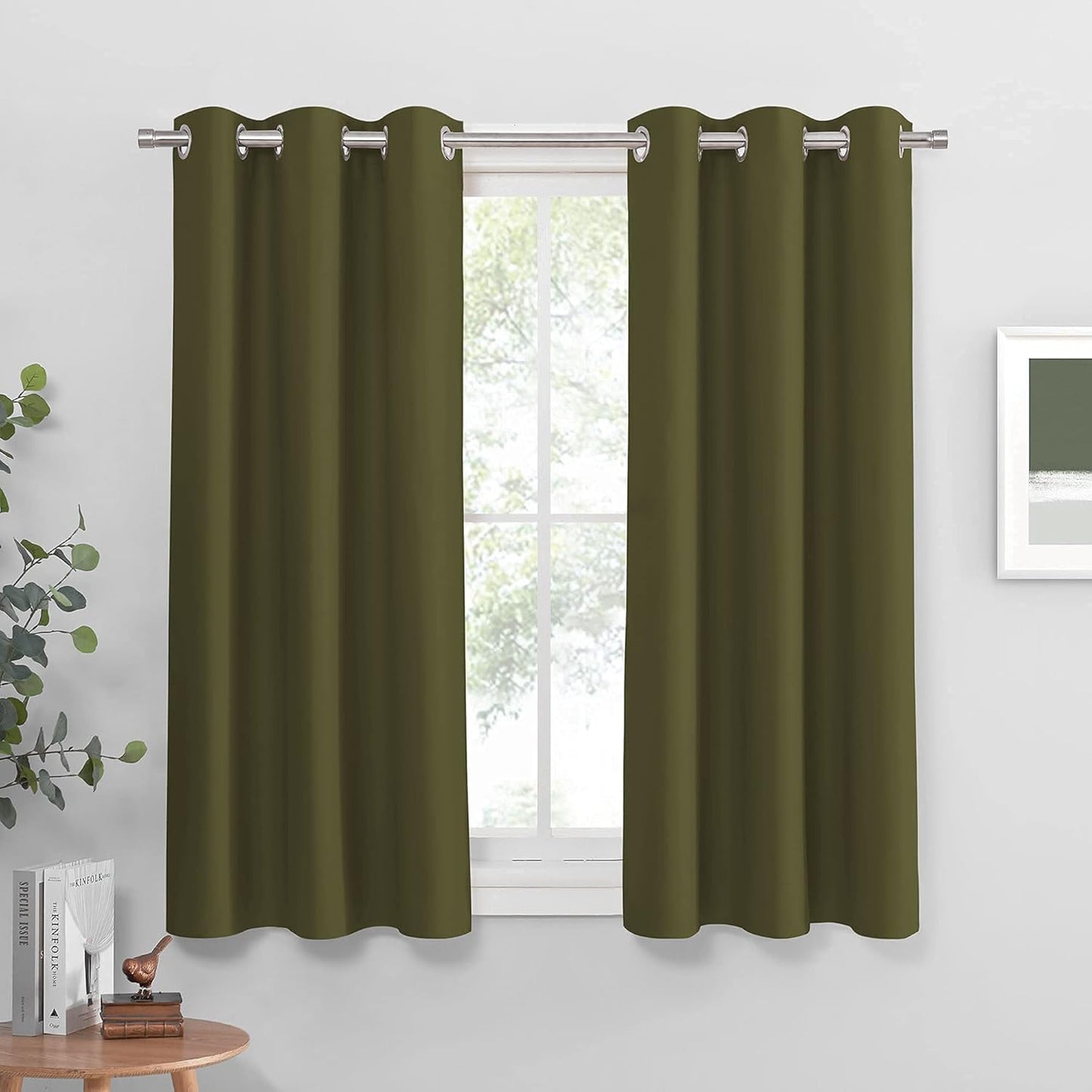PONY DANCE Bedroom Curtains Blackout - Thermal Drapes Heavy Duty Light Blocking Shandes Grommet Top Window Treatments Cover Noise Reducing, W 42 x L 45 in, Olive Green, 2 PCs
