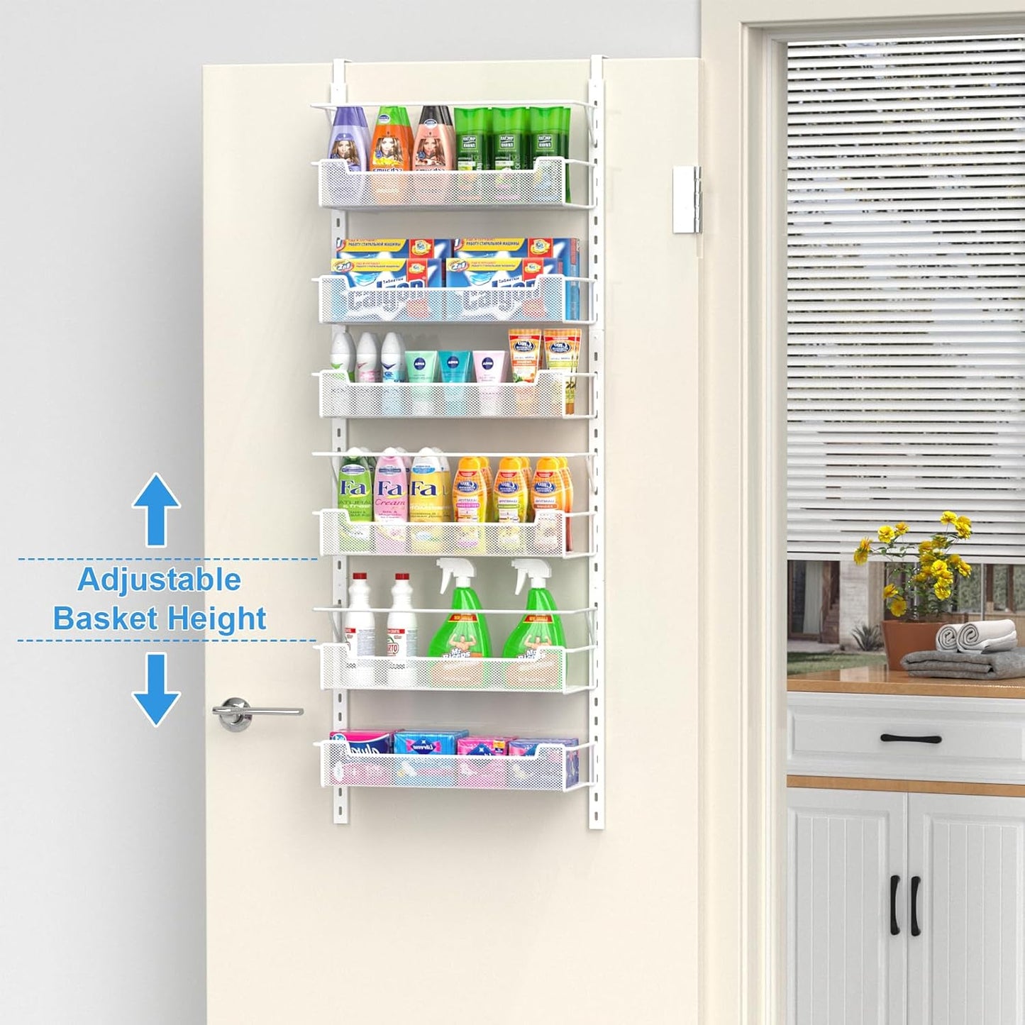 Over the Door Pantry Organizer, 6-Tier Over the Door Organizer with Adjustable Basket, Pantry Door Organization for Pantry Kitchen Storage Room Spice Rack, White