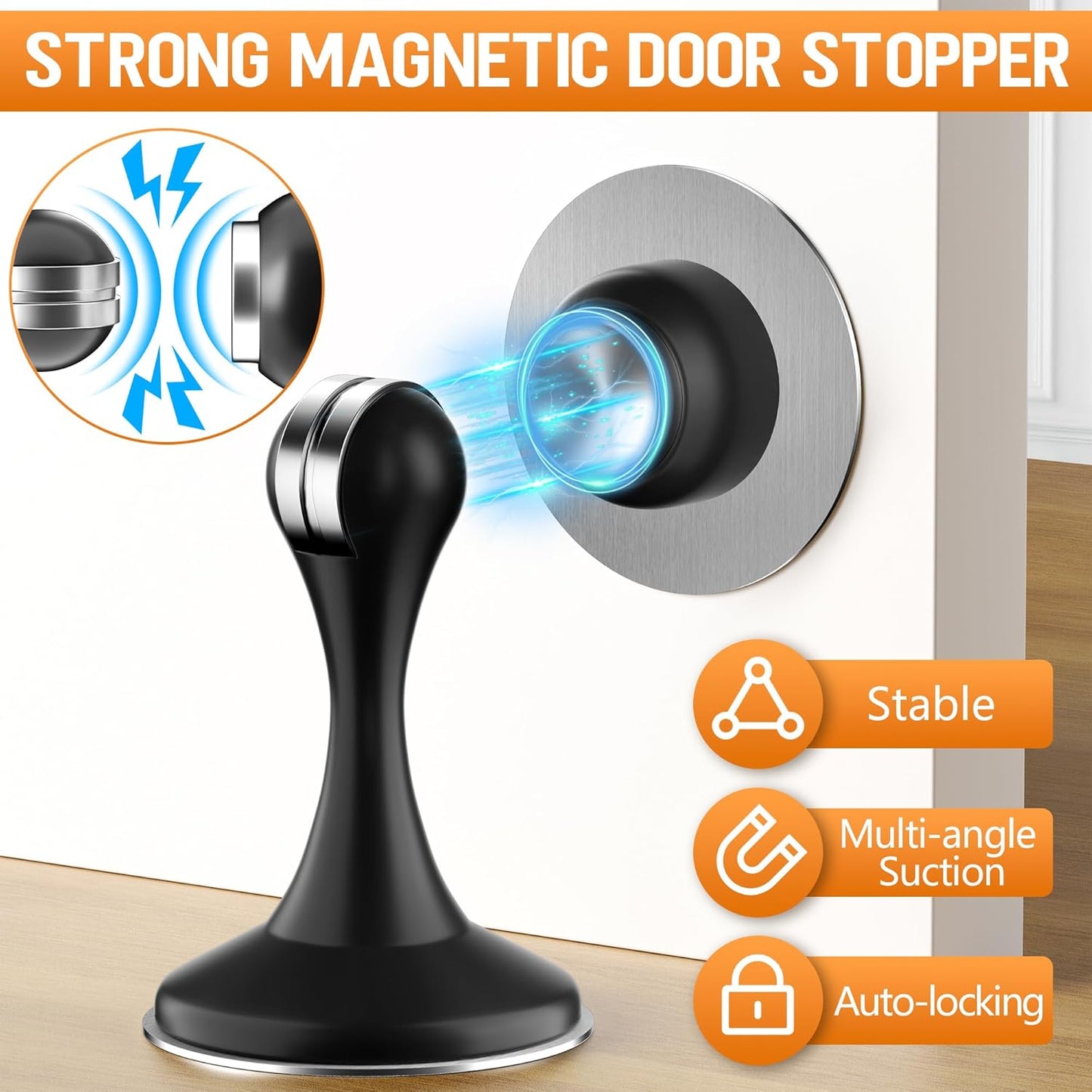 Crosize Magnetic Door Stoppers 2 Pack, Stainless Steel Door Catch for Wall and Floor Mounting, Door Holder Keep Door Open, No Drilling Door Stop with Adhesive Tapes, Black