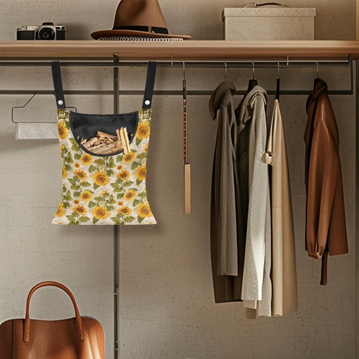 Sunflower Clothespin Organizer Bag with Hanging Hook Waterproof Clothes Pin Storage with Large Opening for Clothesline Outdoor