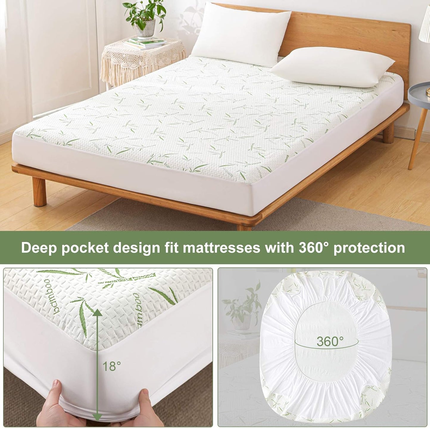 Full Size Mattress Protector Waterproof Mattress Pad Washable Bamboo Rayon Mattress Cover Breathable Noiseless Bed Protector 5" - 21'' Elastic Fitted Deep Pocket